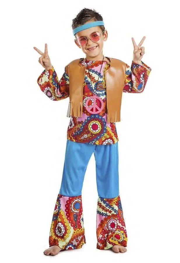 Disfraz de hippie para niño con camisa, chaleco, pantalones y cinta en la cabeza