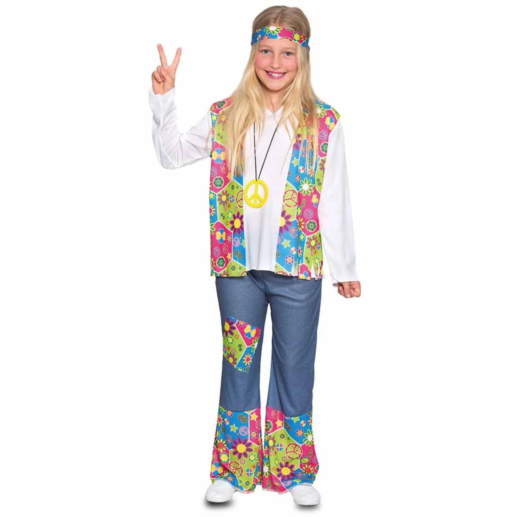 Disfraz hippie para niña con camisa, pantalón, vincha y collar estilo años 60