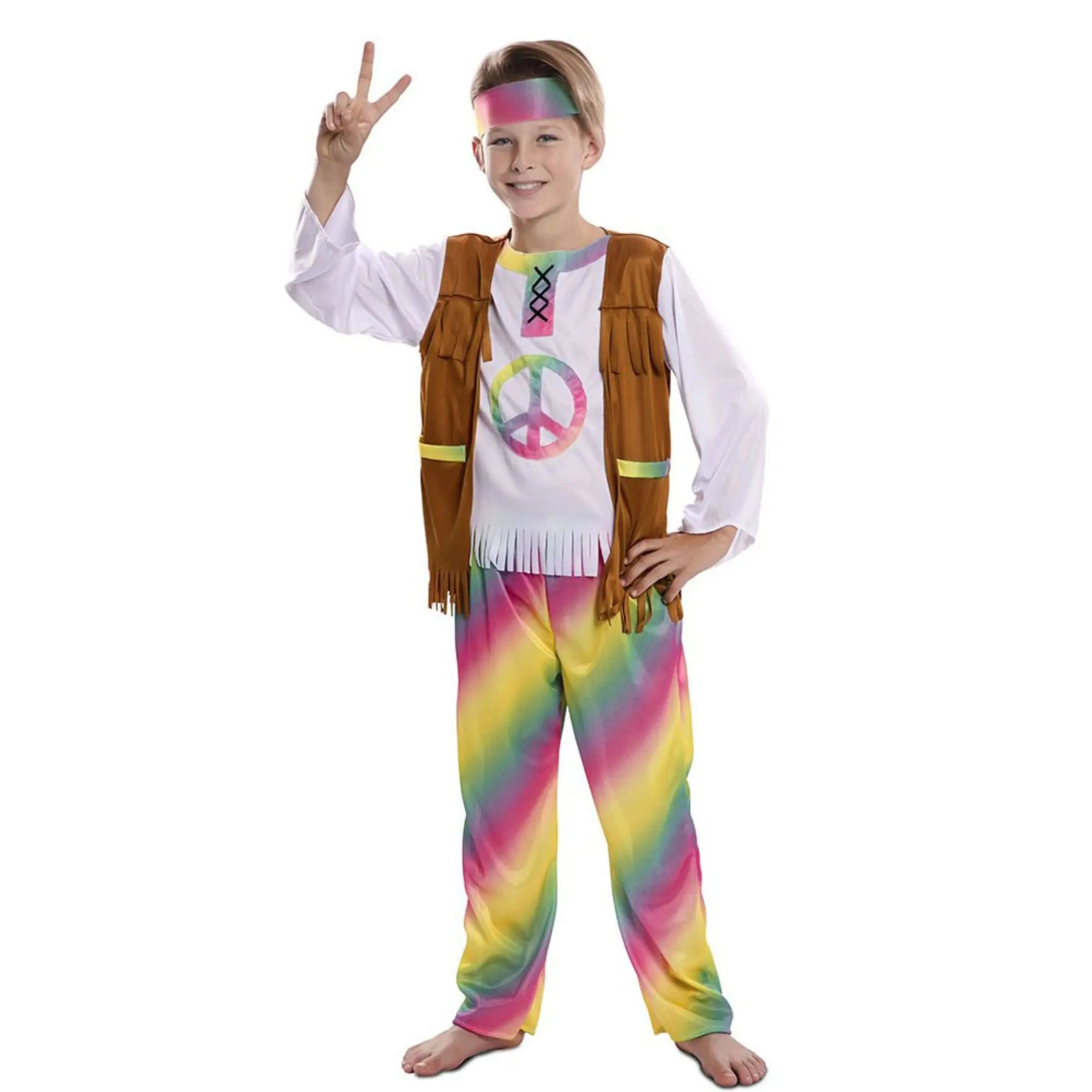 Disfraz hippie arcoíris para niño con camiseta, pantalón y vincha estilo años 60