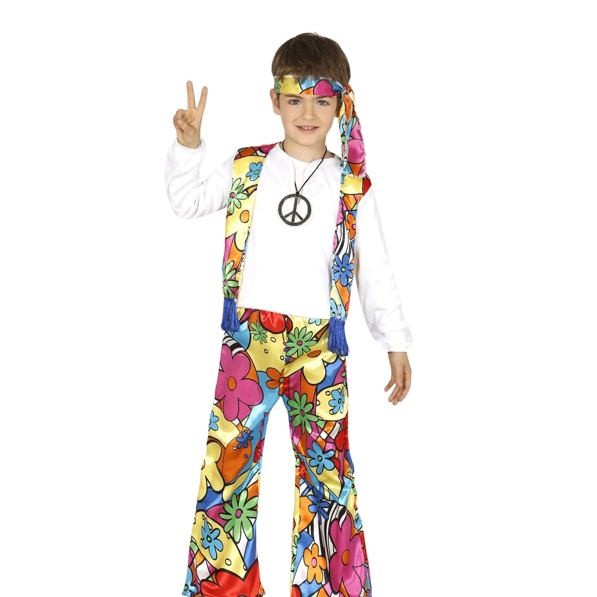 Disfraz hippie infantil con cinta de cabeza, camisa colorida y pantalón retro estilo años 60 para Carnaval