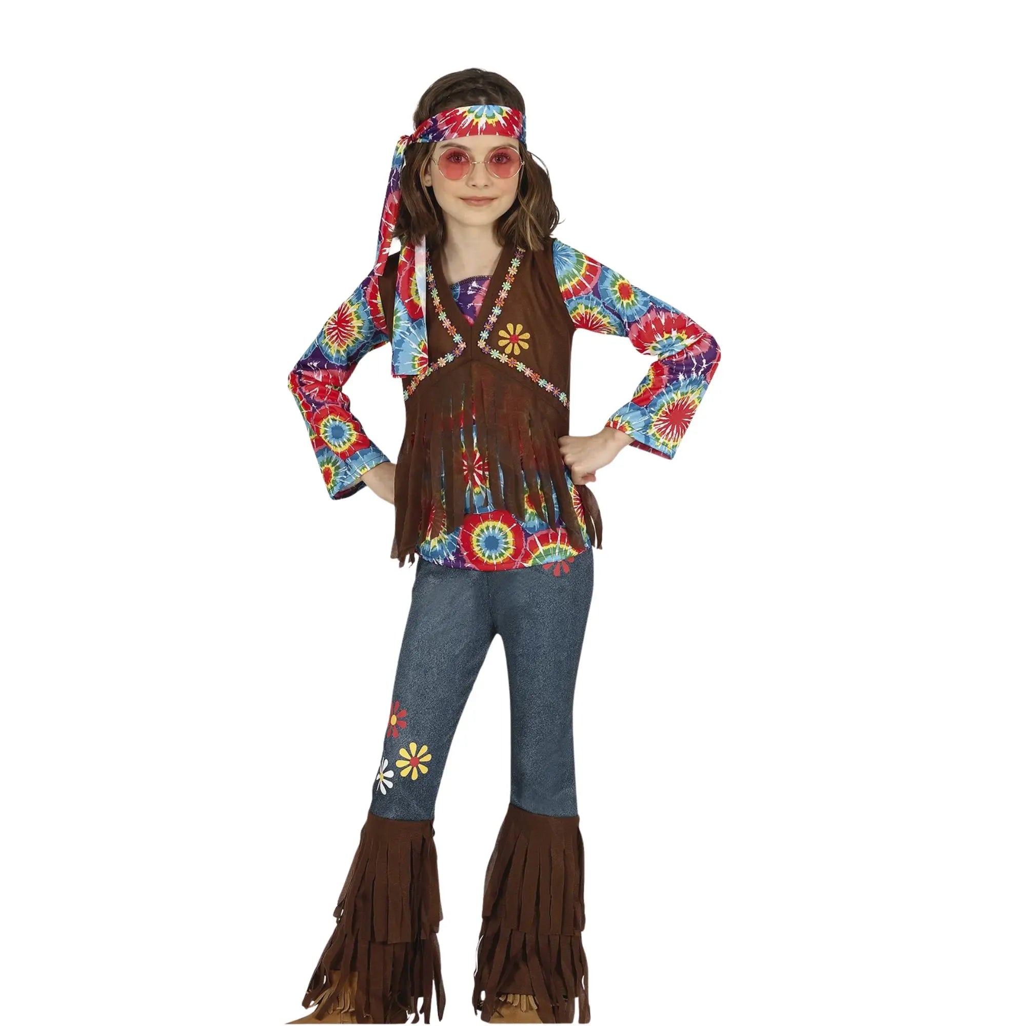 Disfraz hippie infantil niña con chaleco cinta pantalón y camiseta estilo flower power