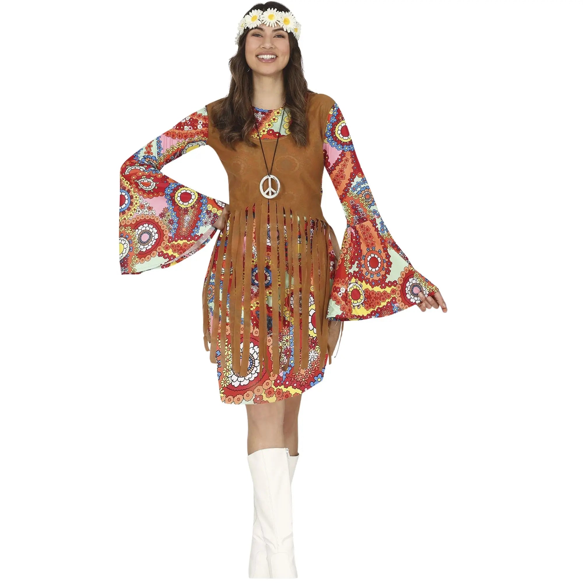 Disfraz de mujer hippie con vestido y chaleco estilo