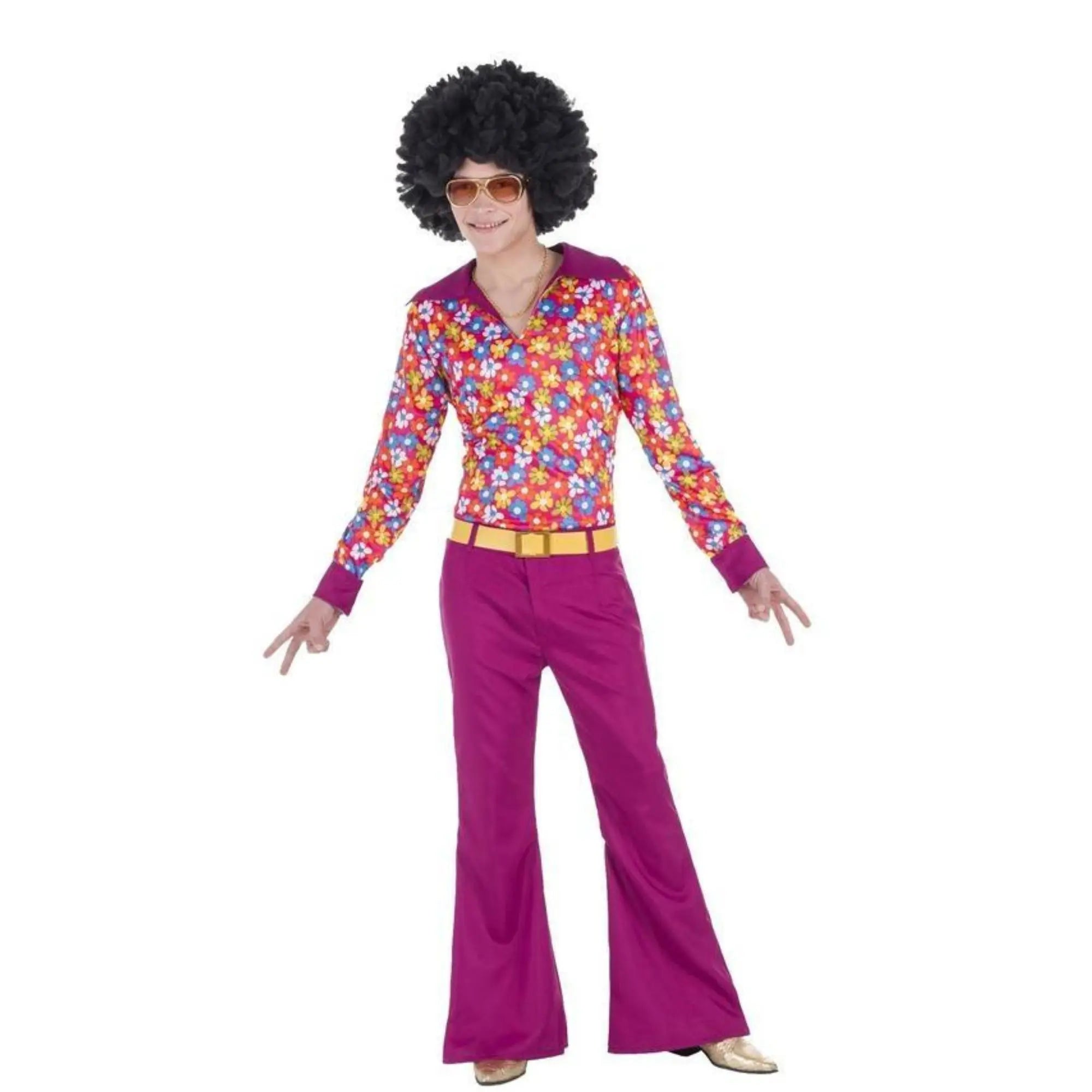 Disfraz hippie de hombre años 70 con camisa de flores y pantalón