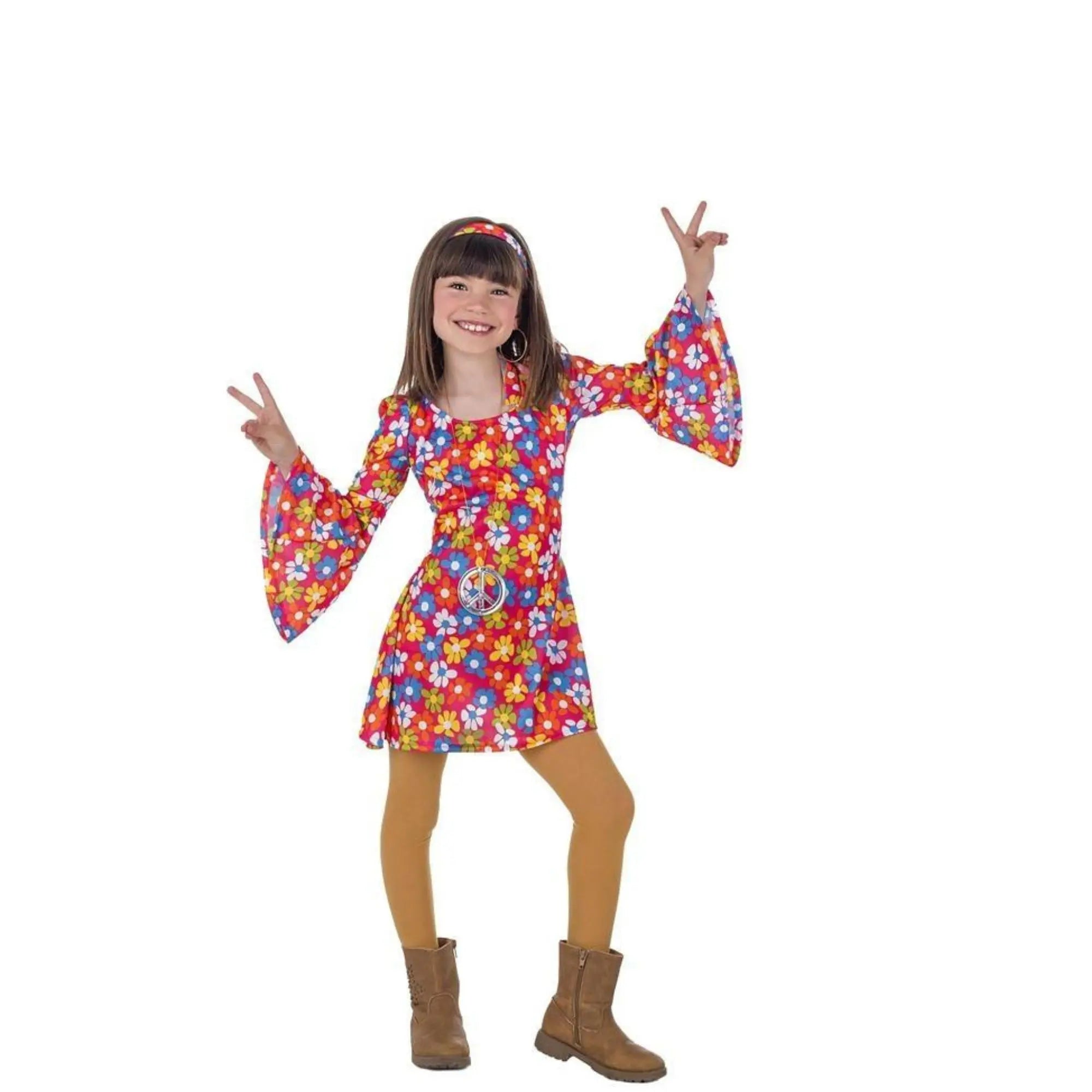 Disfraz hippie de los años 70 para niña con vestido de flores y diadema