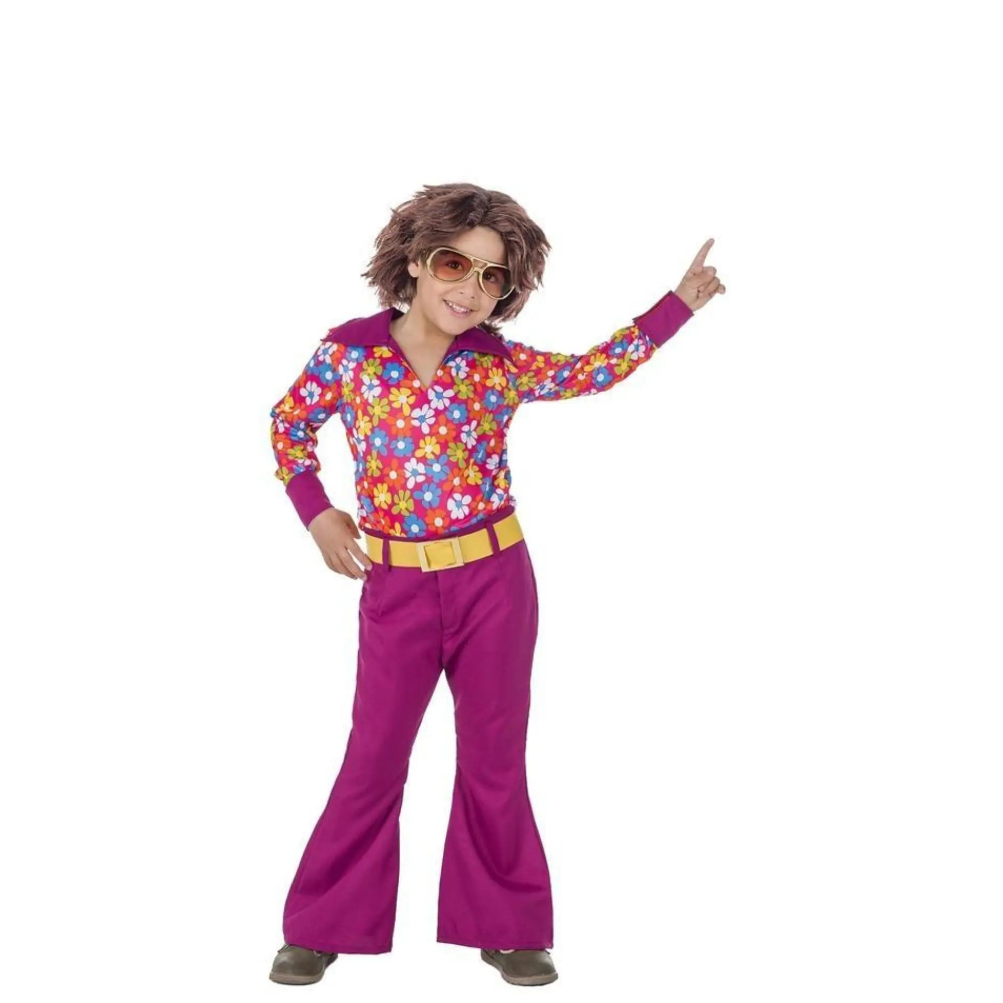 Disfraz hippie niño años 70 con camisa de flores y pantalón colorido
