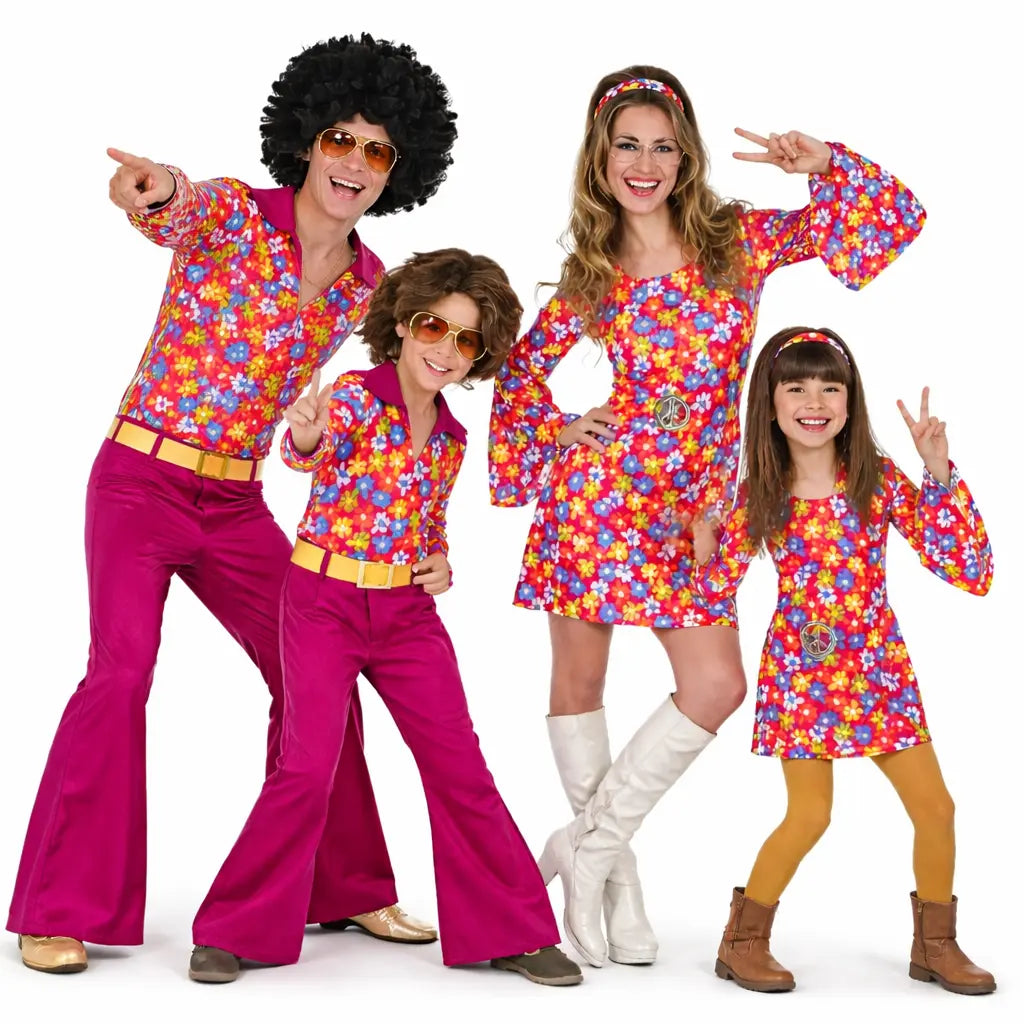 Disfraz de grupo hippie fucsia colorido para Carnaval y fiestas