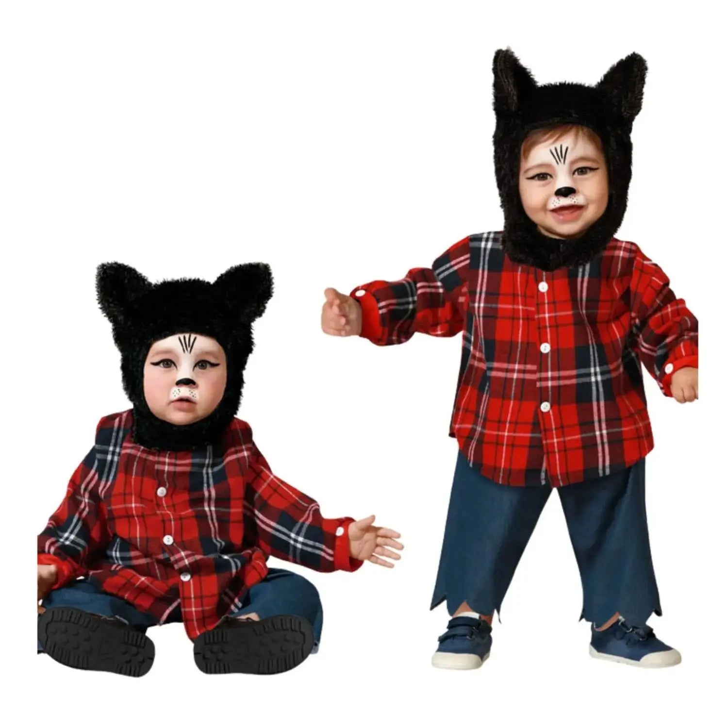 Disfraz Hombre Lobo Niño Bebé con camisa roja y gorro de orejas