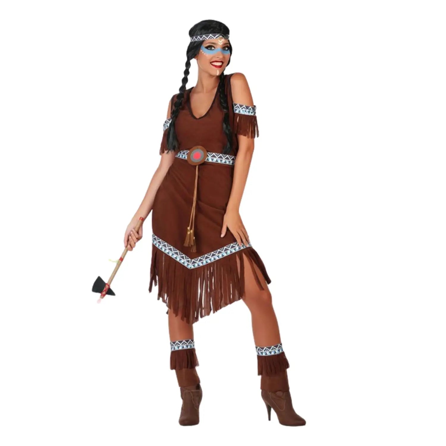 Disfraz de india adulta marrón con vestido de flecos, ideal para Carnaval, fiestas temáticas del Oeste y eventos de vaqueros e indios.