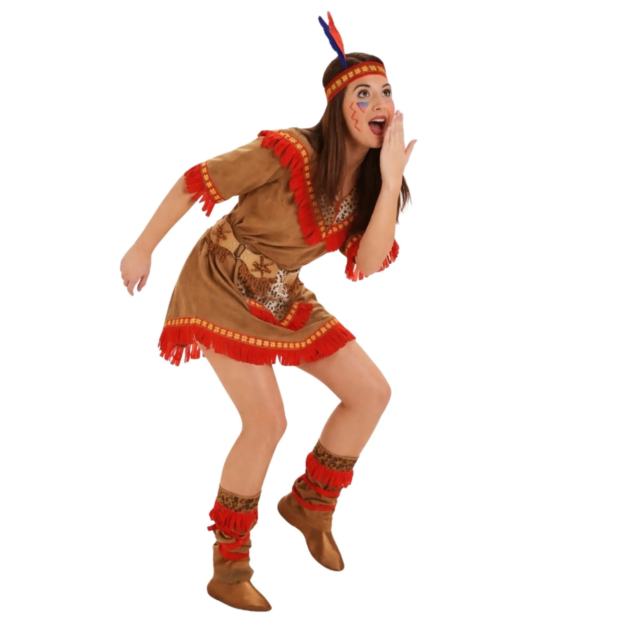 Disfraz de india para mujer con vestido, delantal, polainas y cinta en la cabeza