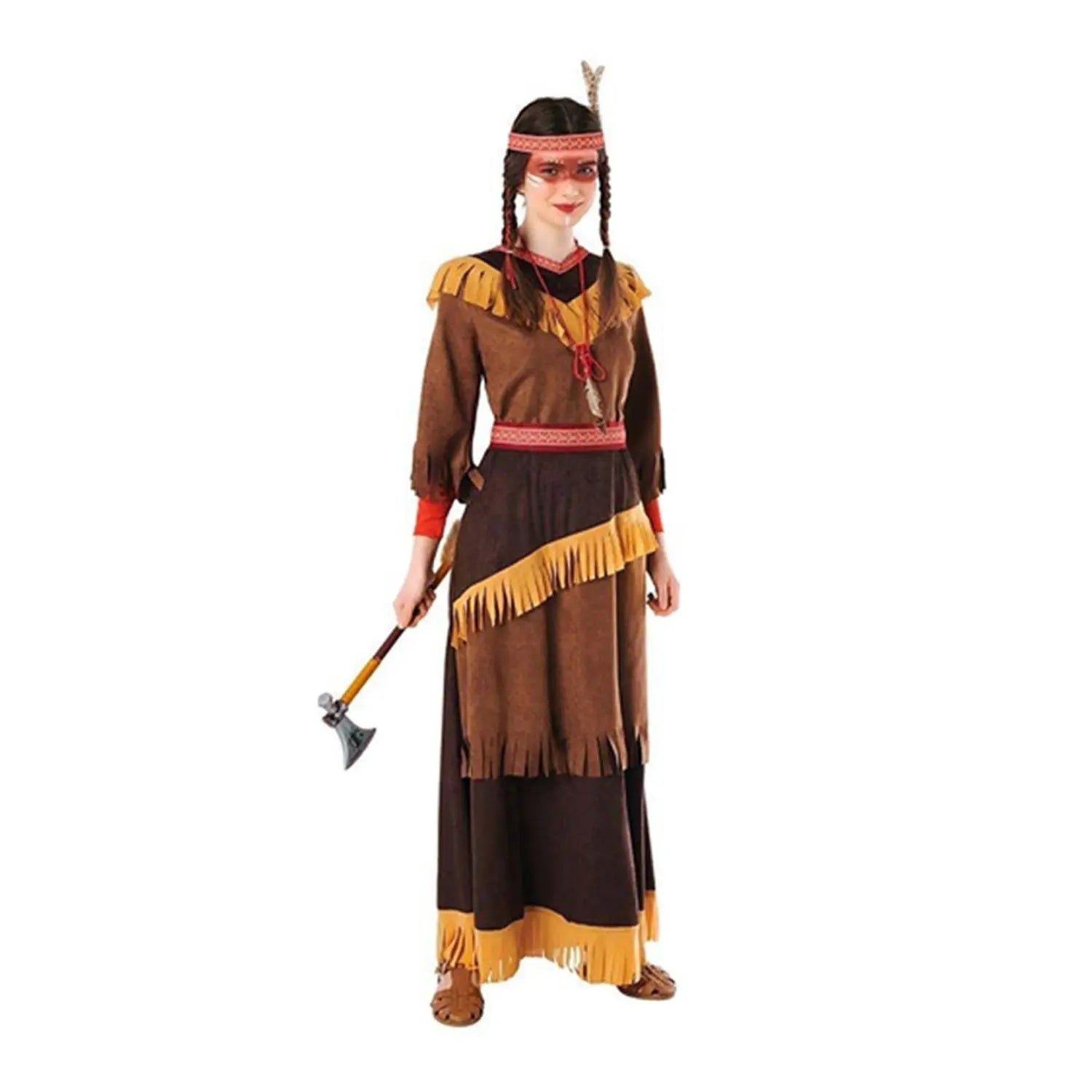 Disfraz de India Arapahoe para adulta con vestido largo en tonos marrones y detalles de flecos, ideal para Carnaval y fiestas de indios y vaqueros.