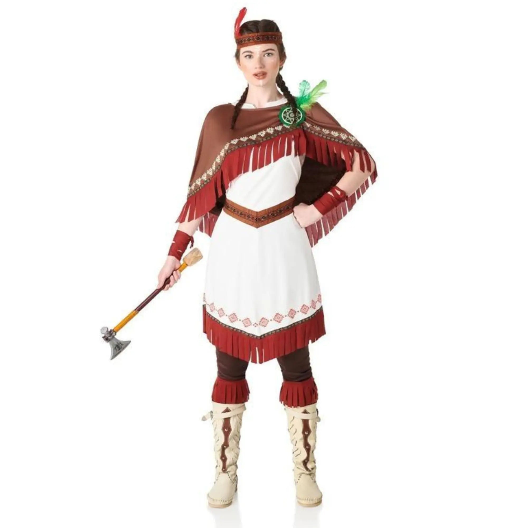 Disfraz de india nube blanca para mujer con vestido, capa de flecos, diadema con plumas y cubrebotas para Carnaval