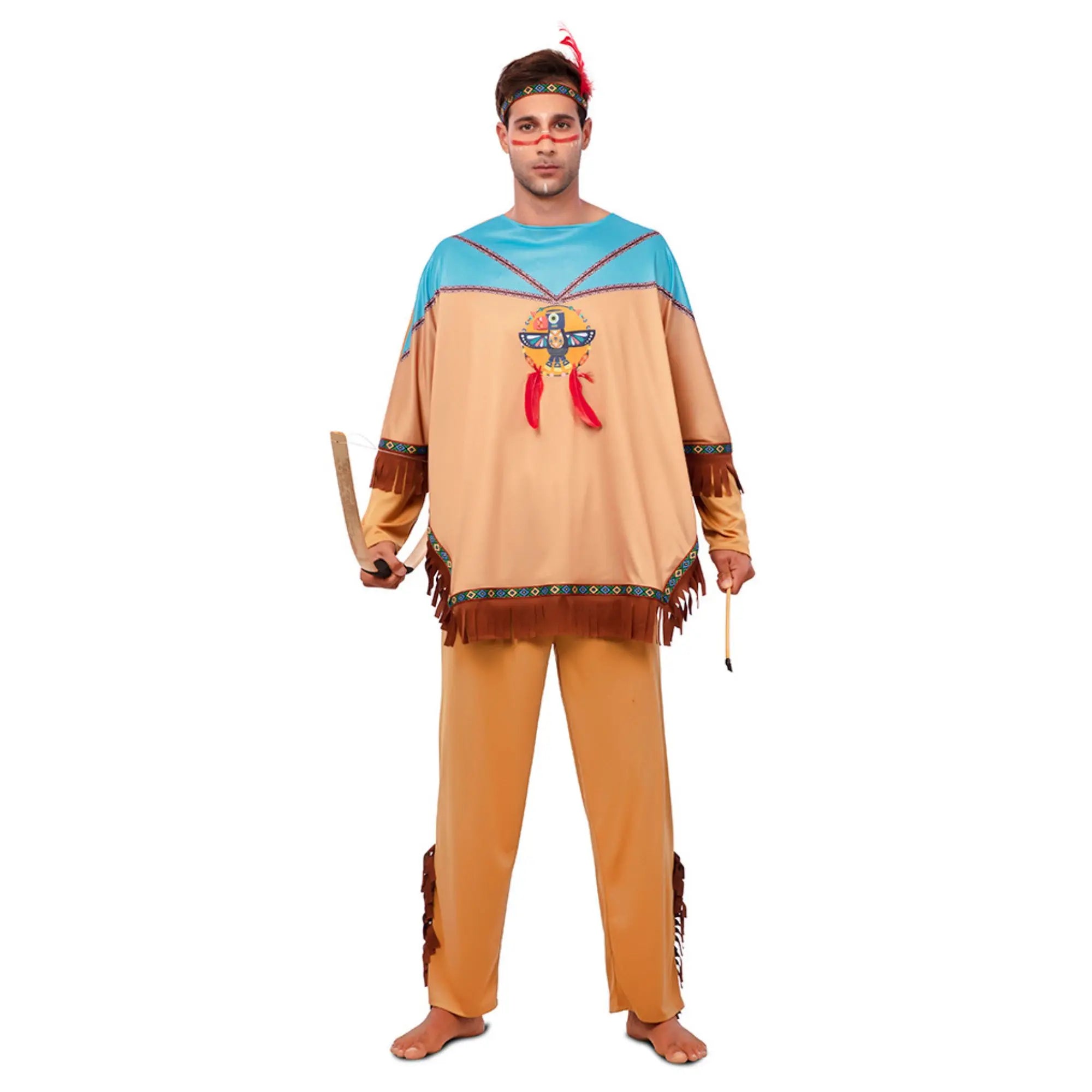 Disfraz indio apache para hombre en tonos marrones con poncho y cinta de cabeza estilo lejano oeste