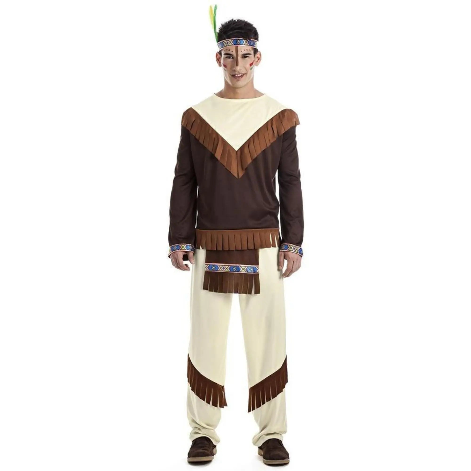 Disfraz de indio del Oeste para hombre con camisa, pantalón con delantal y cinta de cabeza con pluma para Carnaval