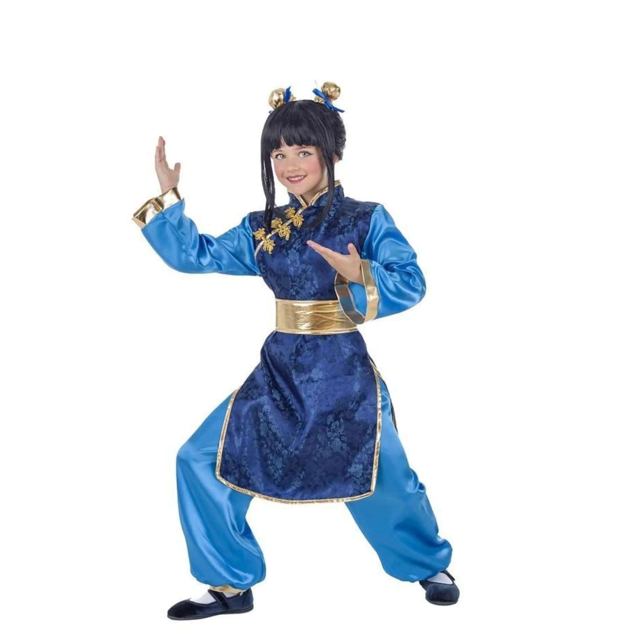 Disfraz japonesa azul para niña con túnica, pantalón, fajín y diadema con moños para Carnaval