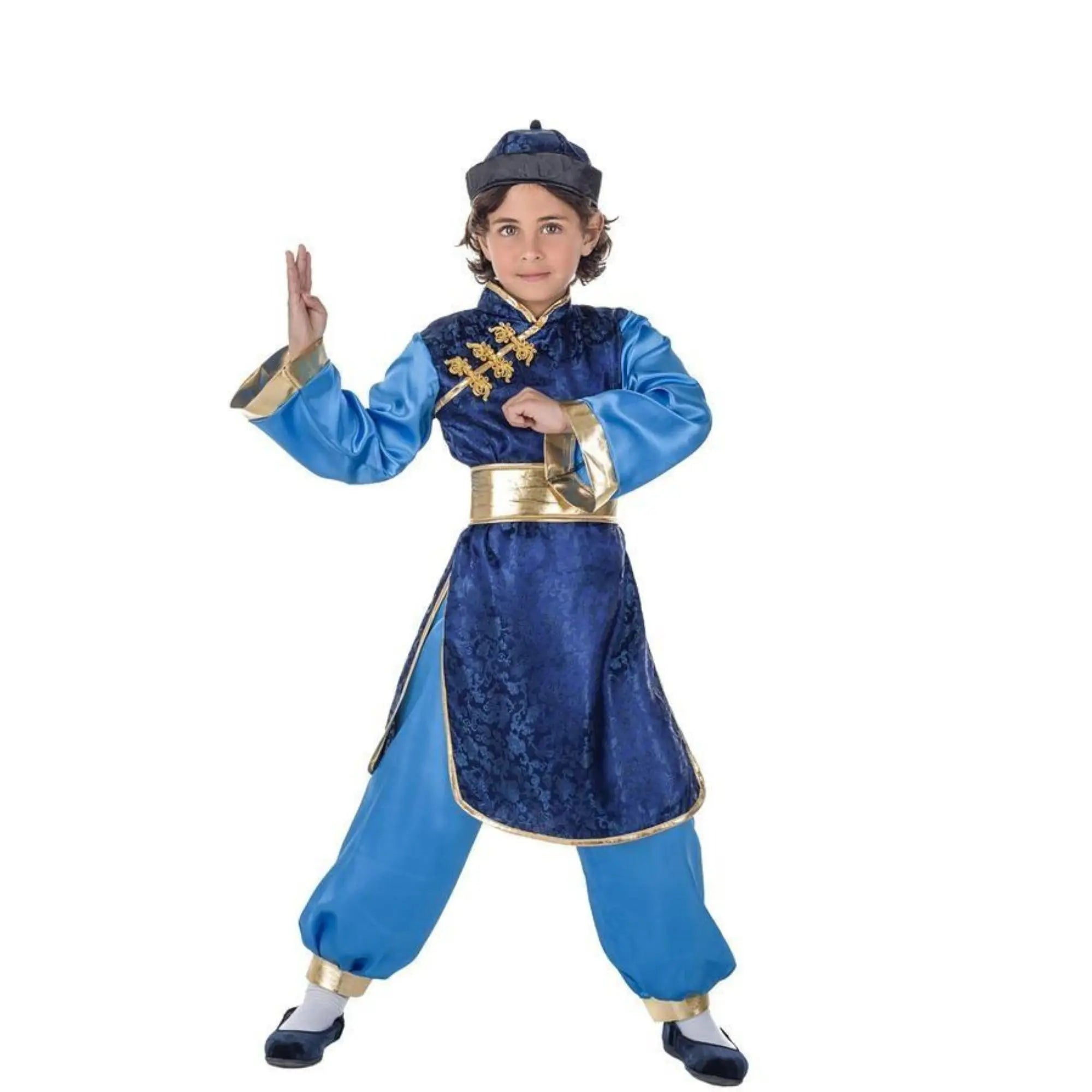Disfraz japonés azul para niño con gorro túnica fajín y pantalones para Carnaval