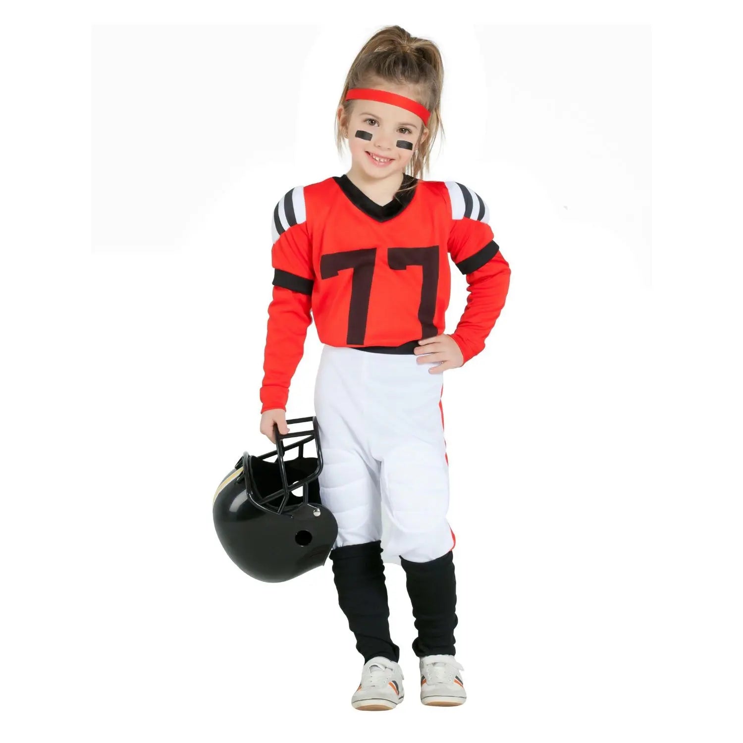 Disfraz de jugadora de rugby infantil con camiseta con hombreras, pantalones y calcetas