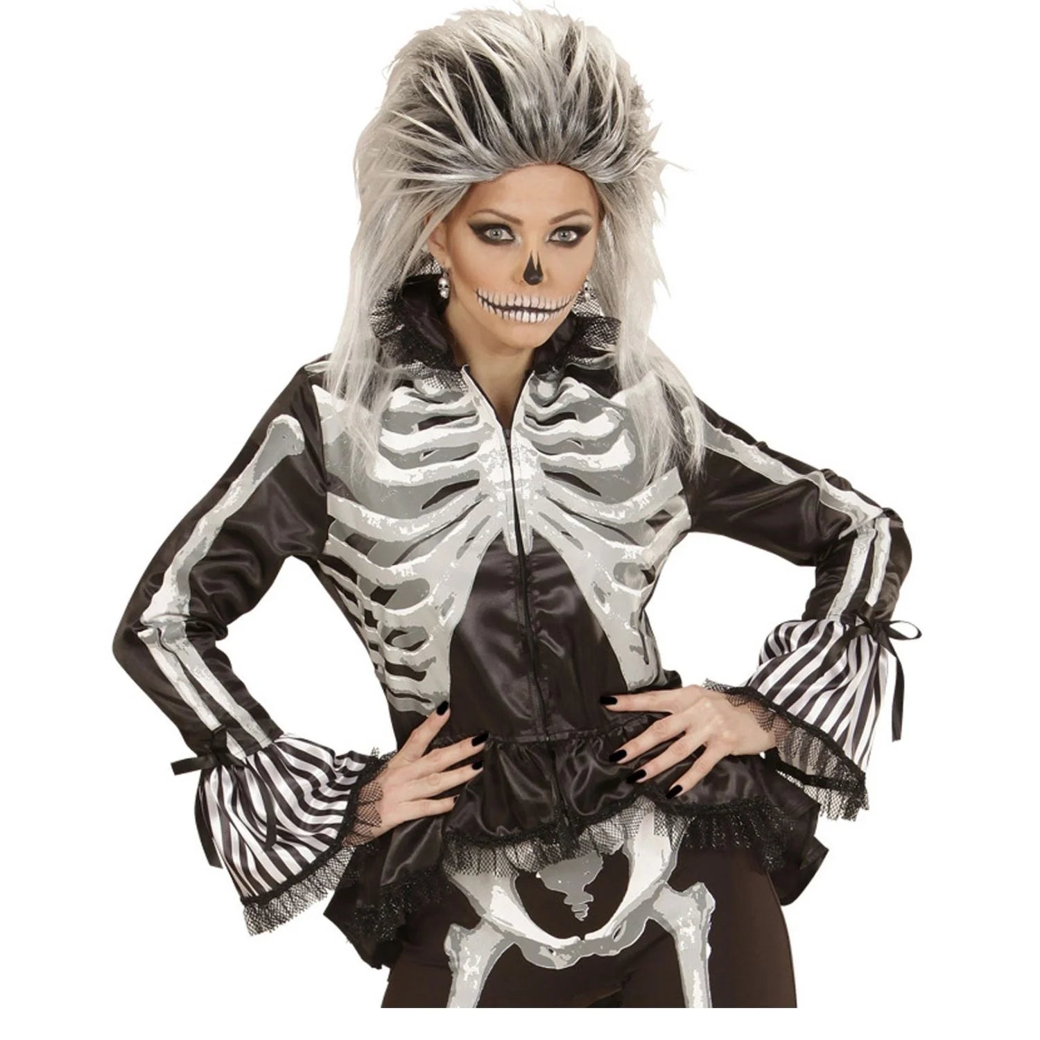 Disfraz Lady Skeleton para mujer con chaqueta negra y estampado de esqueleto