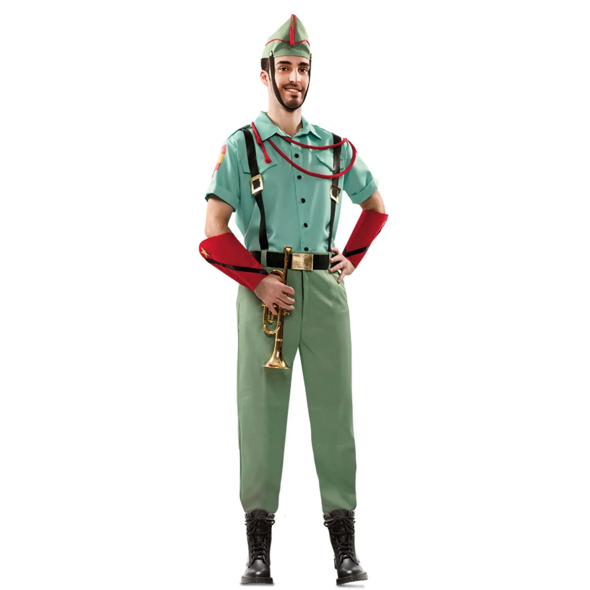 Disfraz de legionario para hombre con camisa pantalon con tirantes gorro y muñequeras en color verde estilo militar