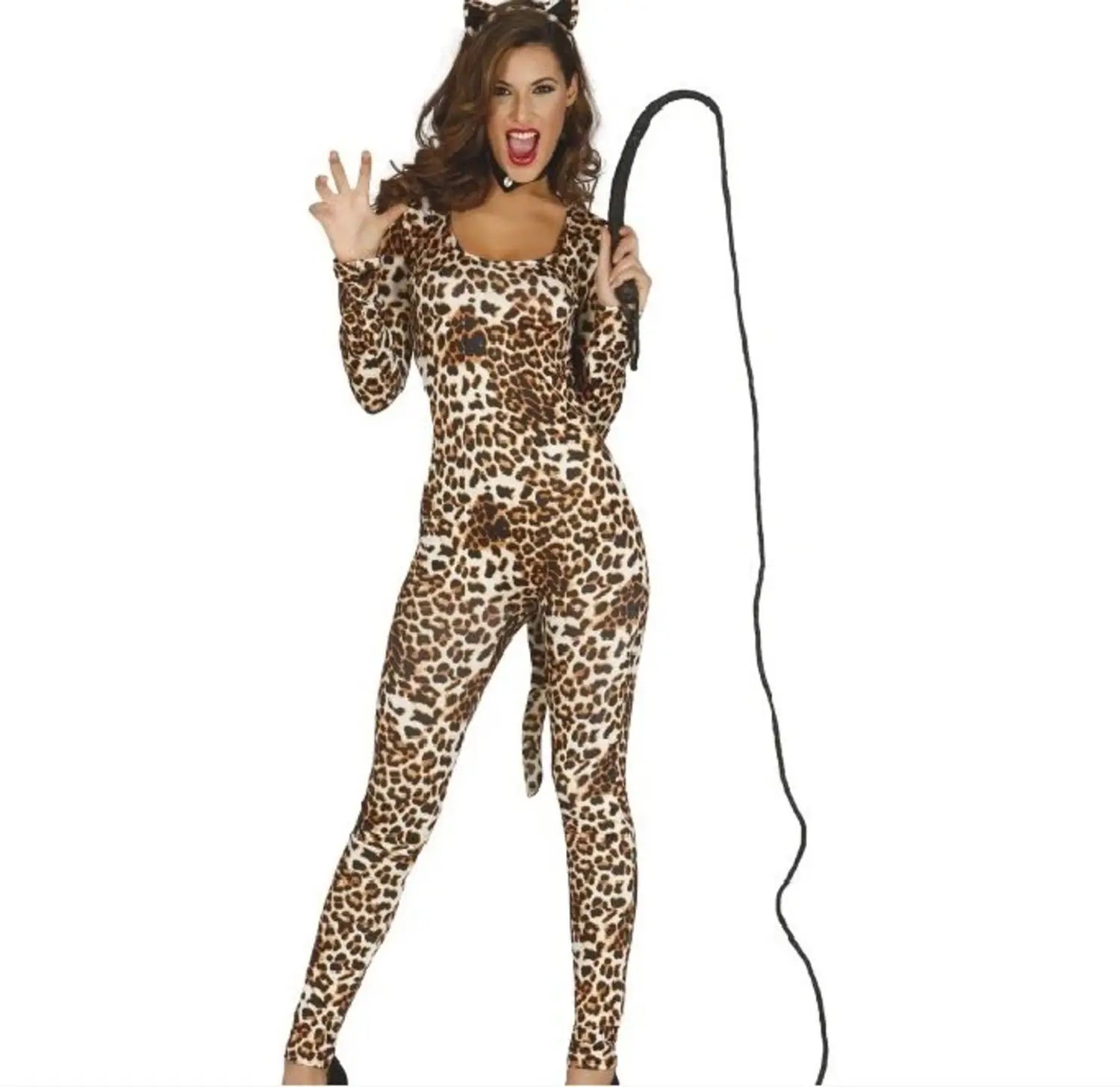 Disfraz de leoparda para mujer con mono, cola y diadema