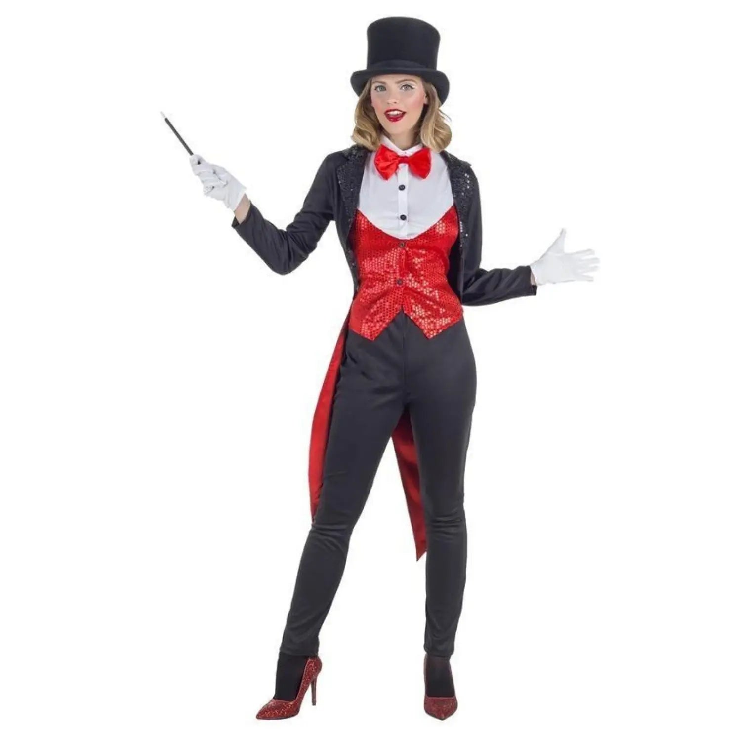 Disfraz de maga de lujo para mujer con chaqué elegante, chaleco con camisa y pantalones