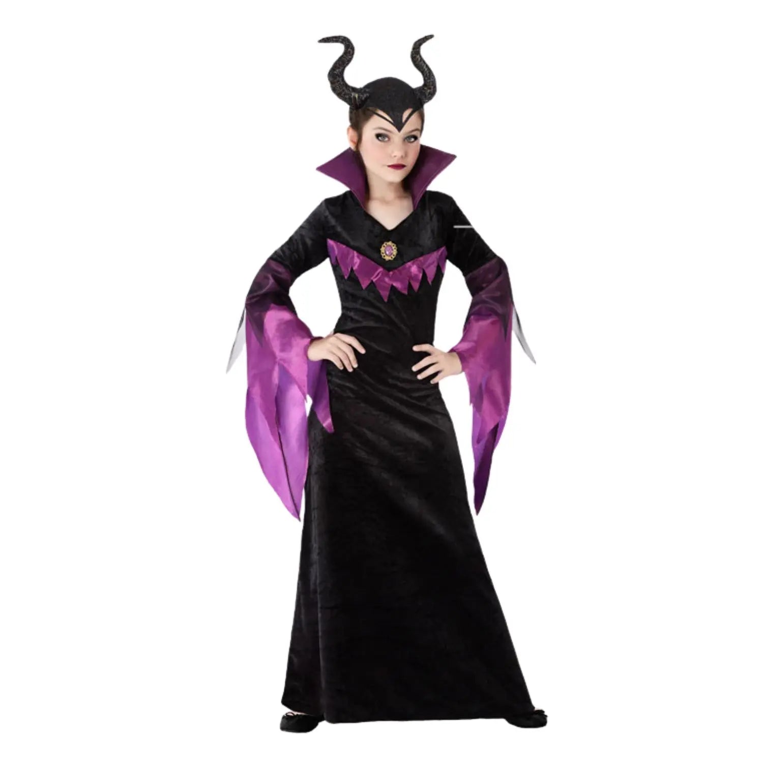 Disfraz de Malvada Infantil con vestido largo negro y morado de estilo villana de fantasía