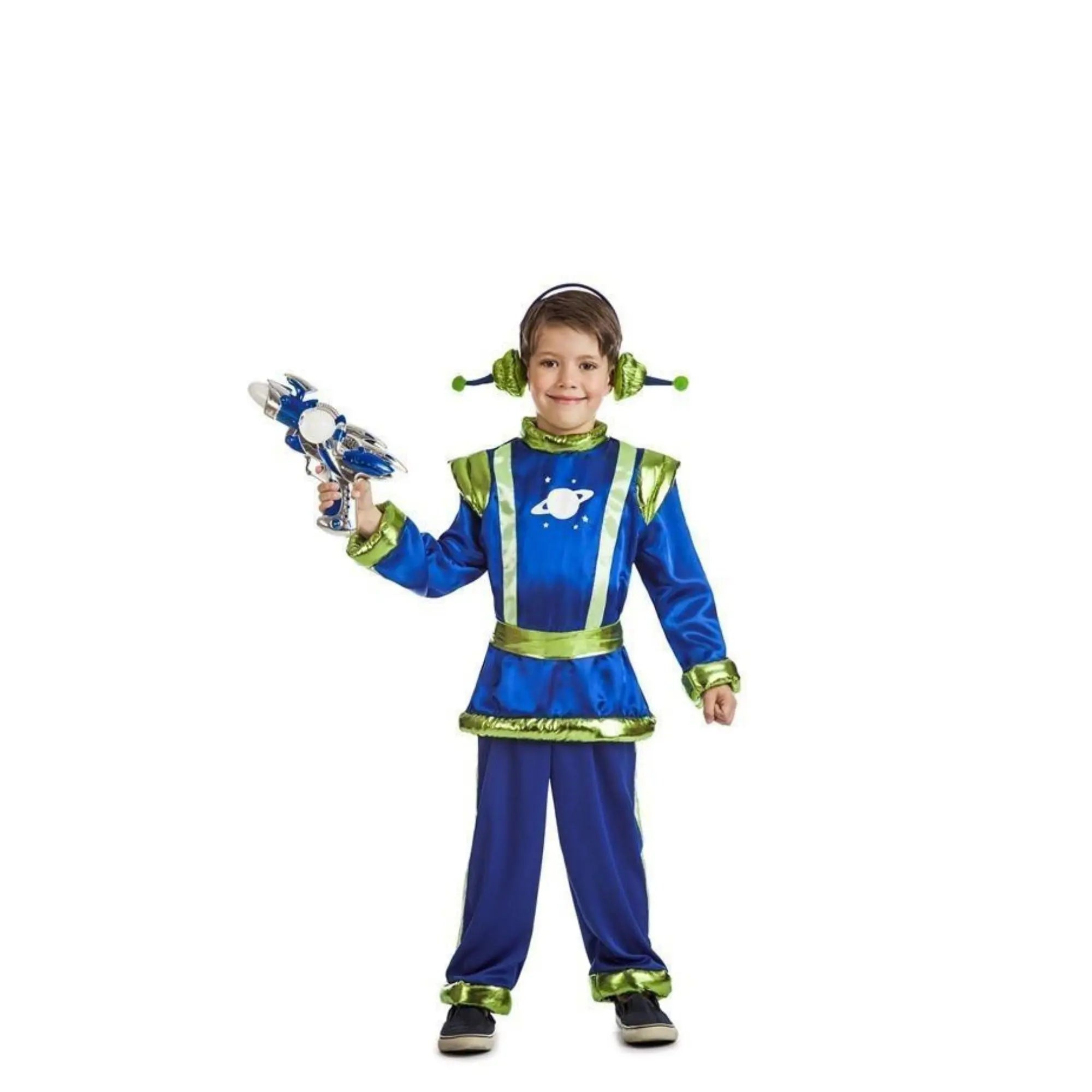 Disfraz de marciano extraterrestre para niño con antenas y pantalones