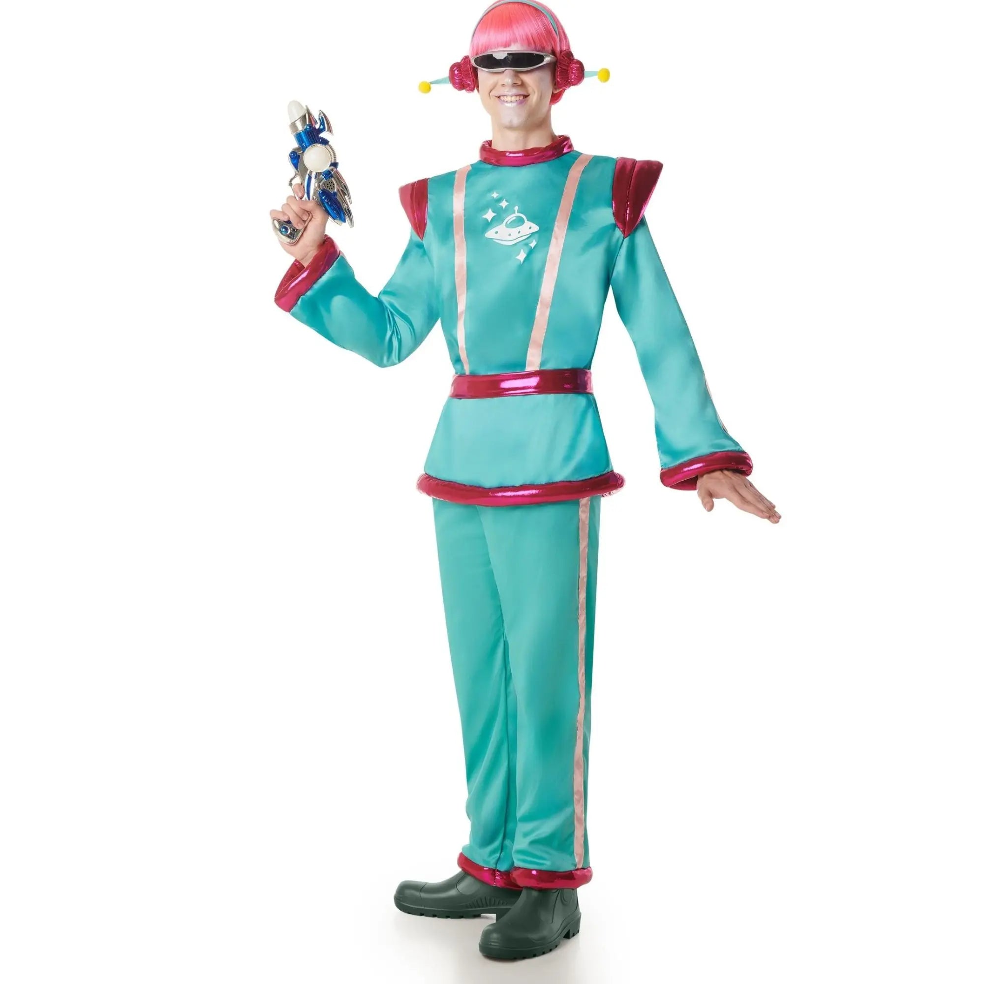 Disfraz de marciano turquesa para hombre con diadema, camisa, pantalón y cinturón en estilo extraterrestre divertido