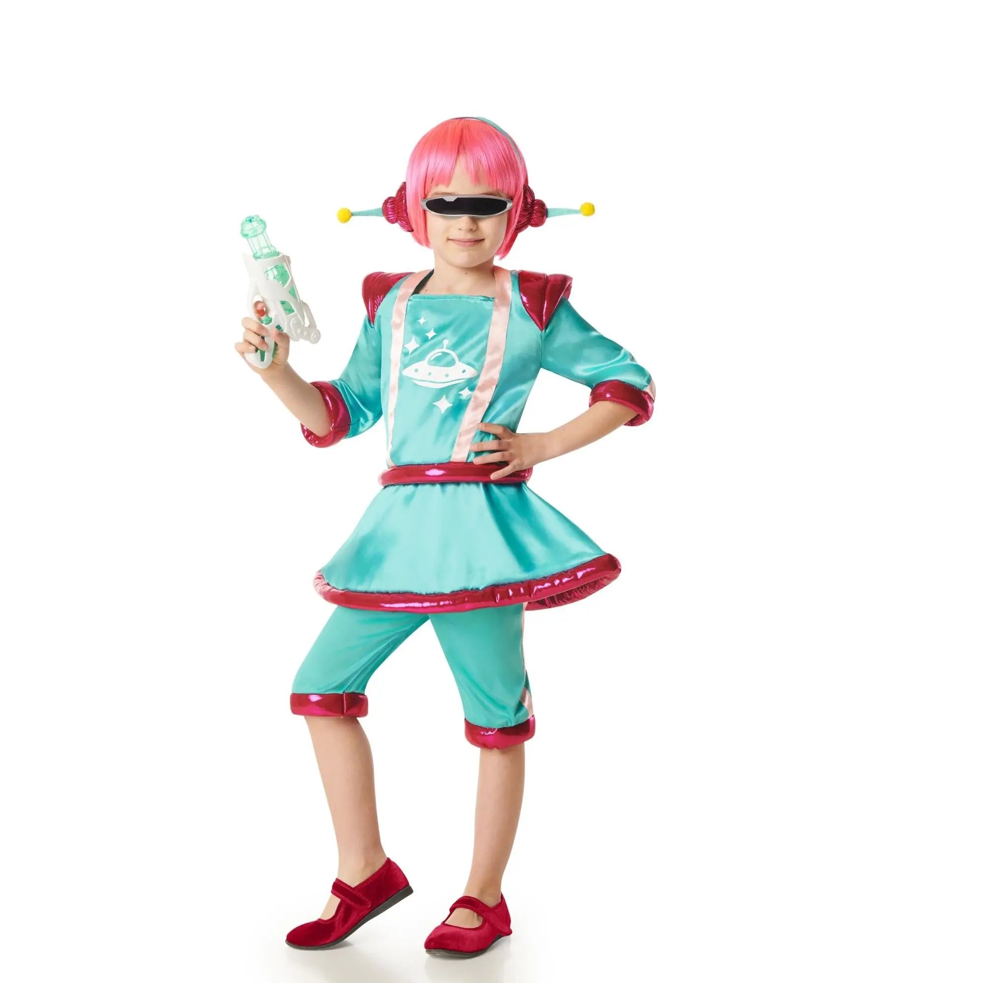 Disfraz de marciana turquesa para niña con diadema, vestido y pantalón ideal para Carnaval