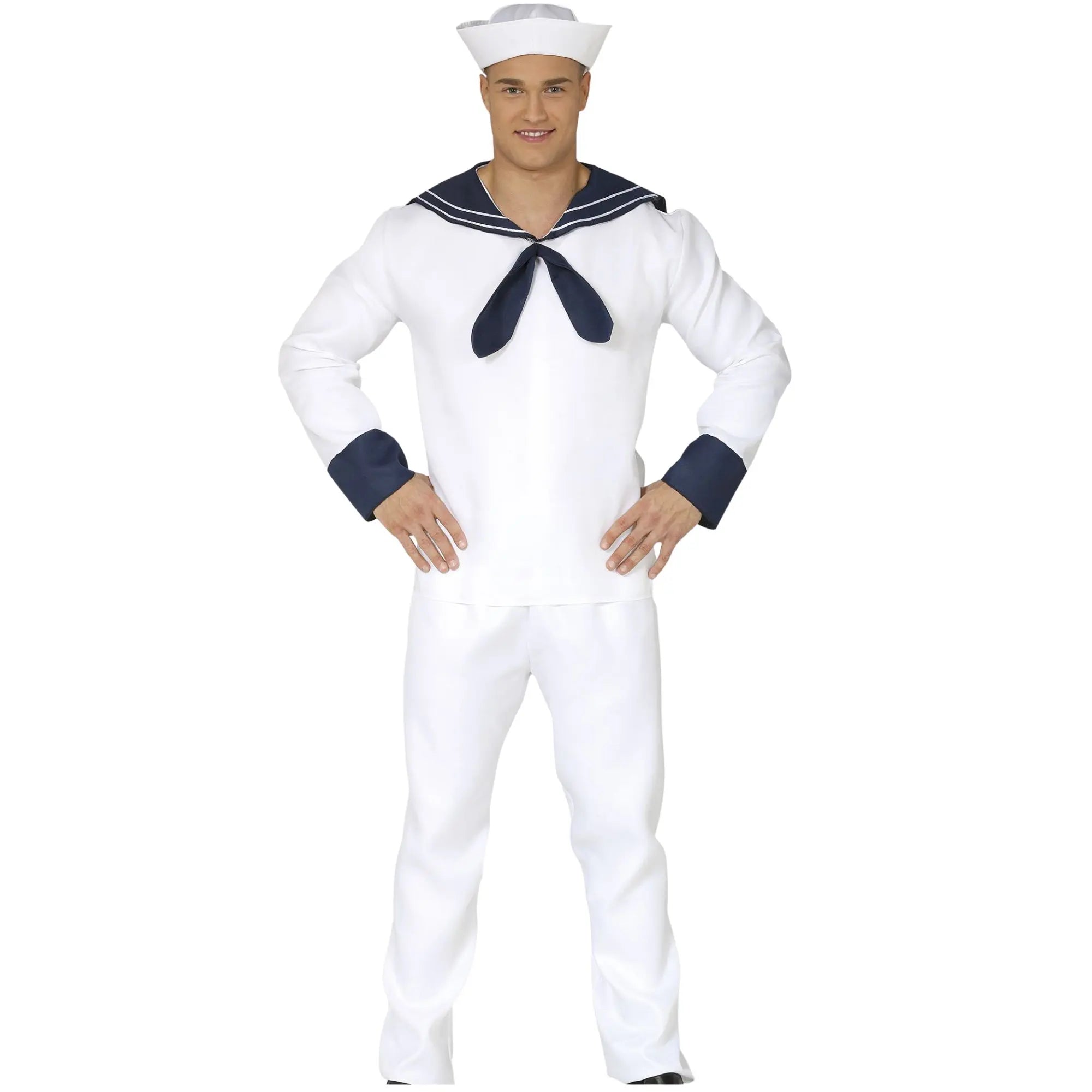 Disfraz marinero blanco de hombre con chaqueta, pantalón y gorro estilo naval para Carnaval