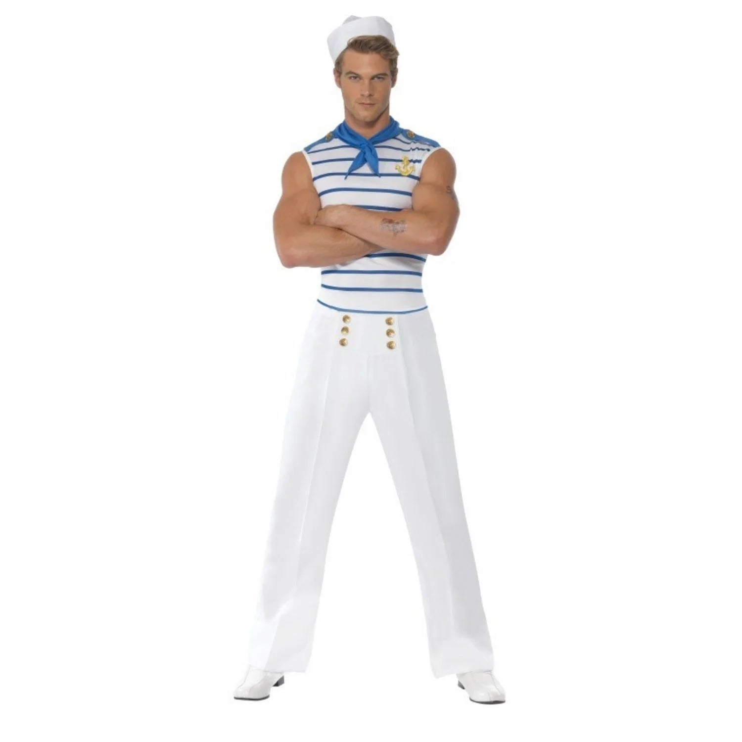 Disfraz marinero francés para hombre con camiseta de rayas y pantalón blanco