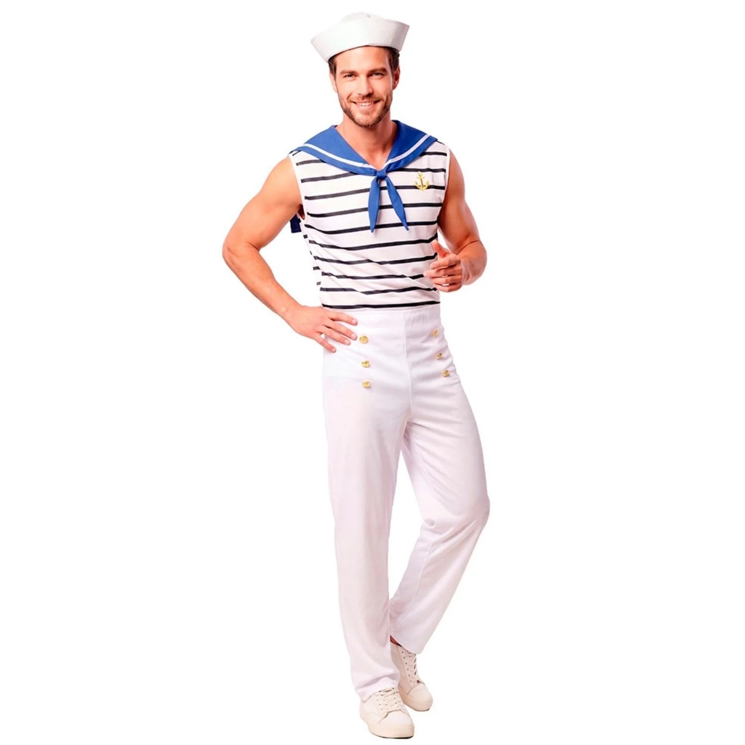 Hombre con disfraz de marinero sexy adulto en color blanco y azul