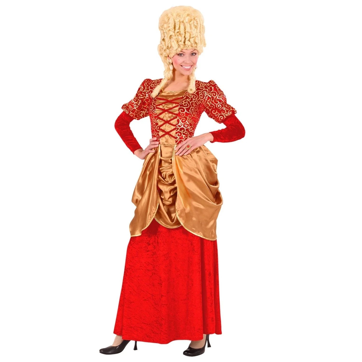 Disfraz de marquesa adulta con vestido rojo y dorado para Carnaval