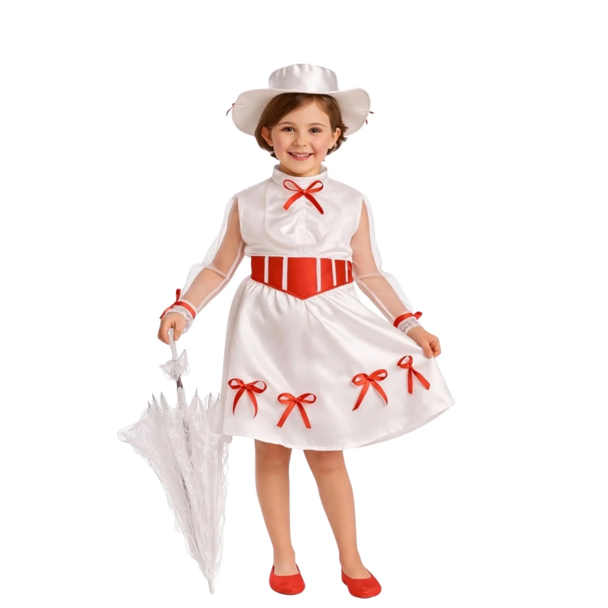 Disfraz de Mary Poppins infantil con vestido blanco, cinturón rojo y gorro elegante