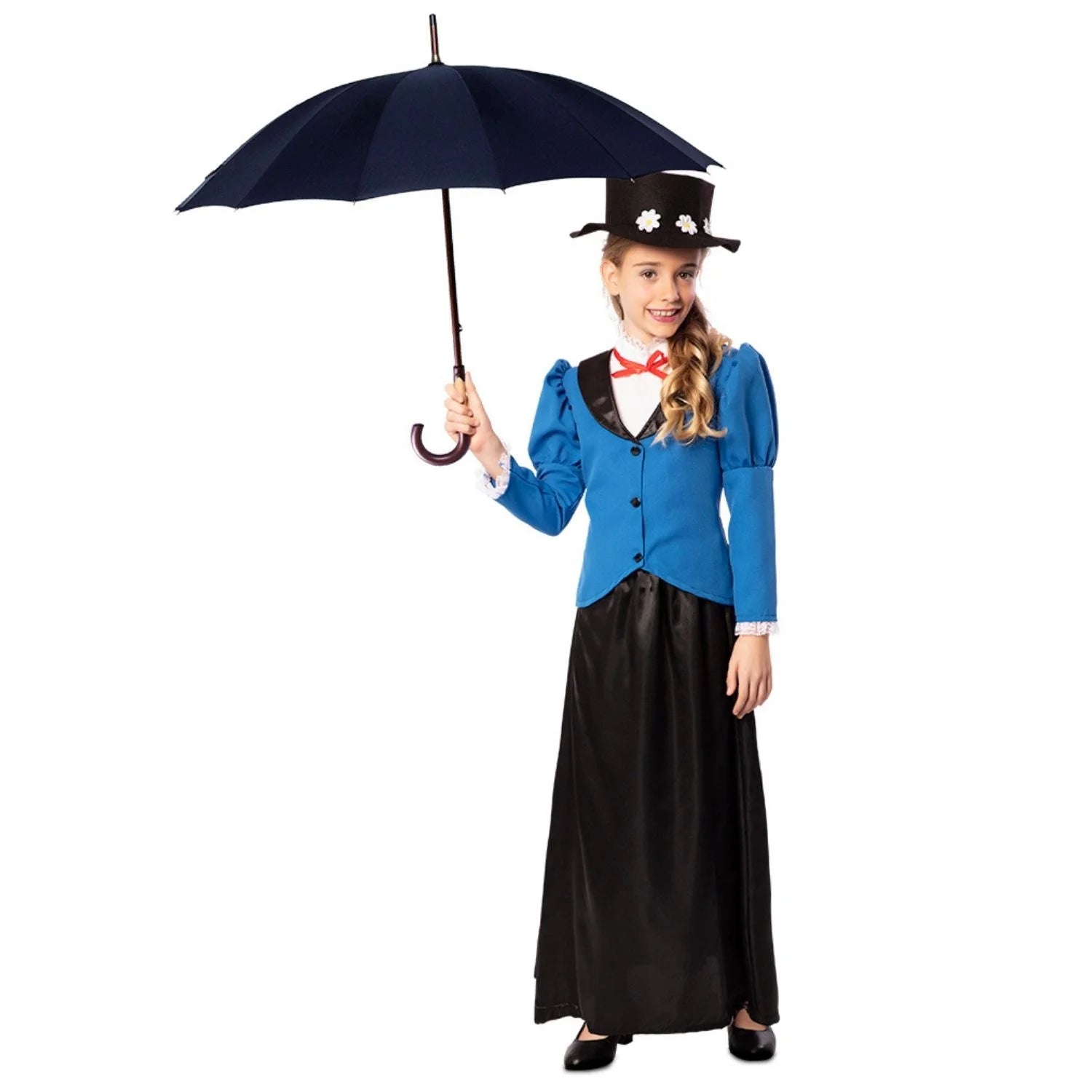 Niña con disfraz inspirado en Mary Poppins con chaqueta azul, falda negra y sombrero
