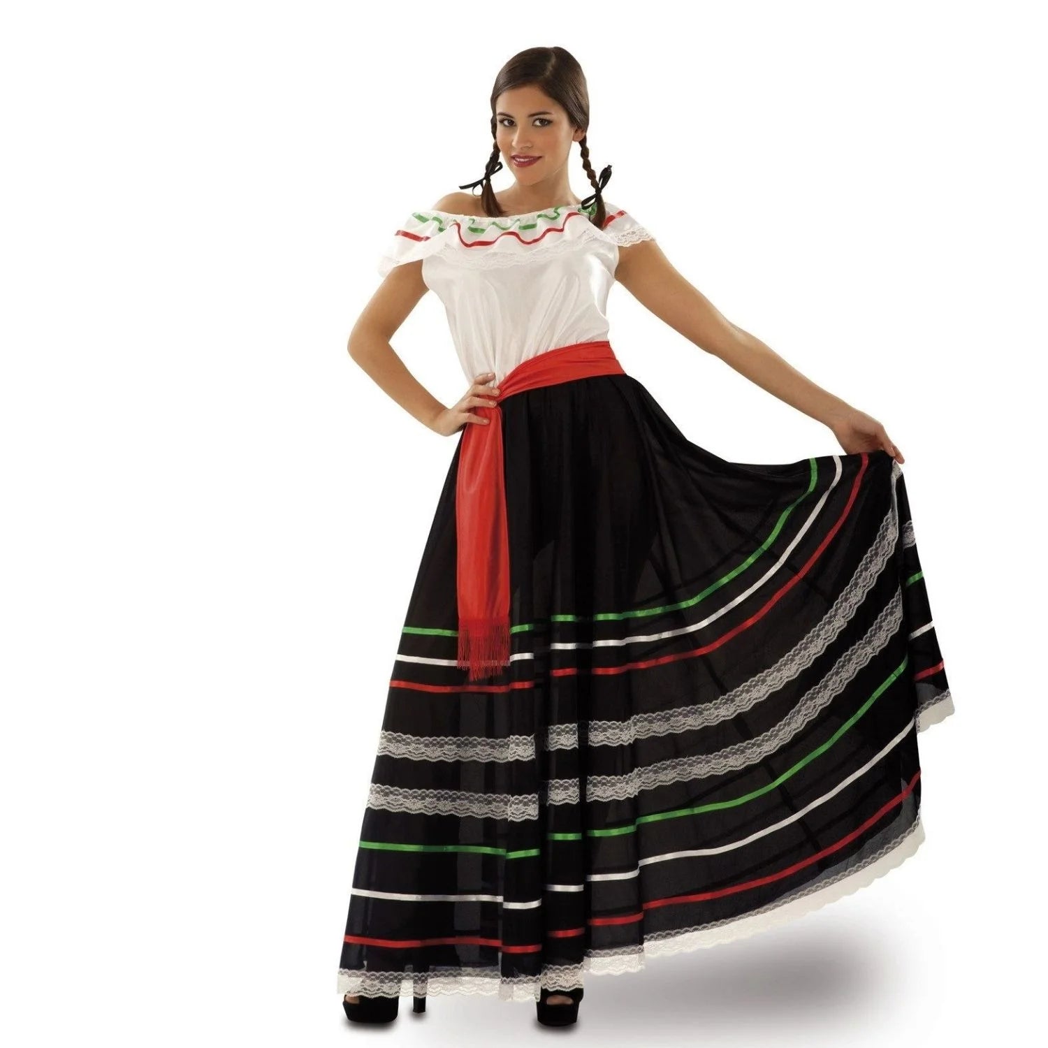 Disfraz Mejicana Mujer con vestido largo negro y blanco y fajín rojo