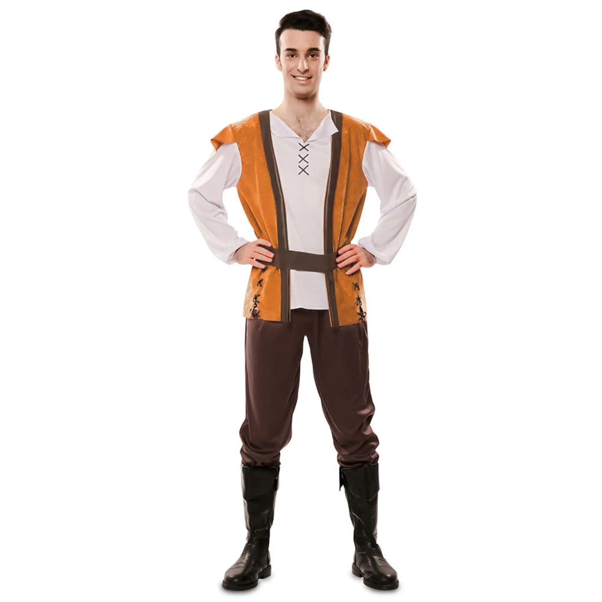 Disfraz de mesonero para hombre con camisa, chaleco y pantalón en tonos marrones medievales ideal para Carnaval
