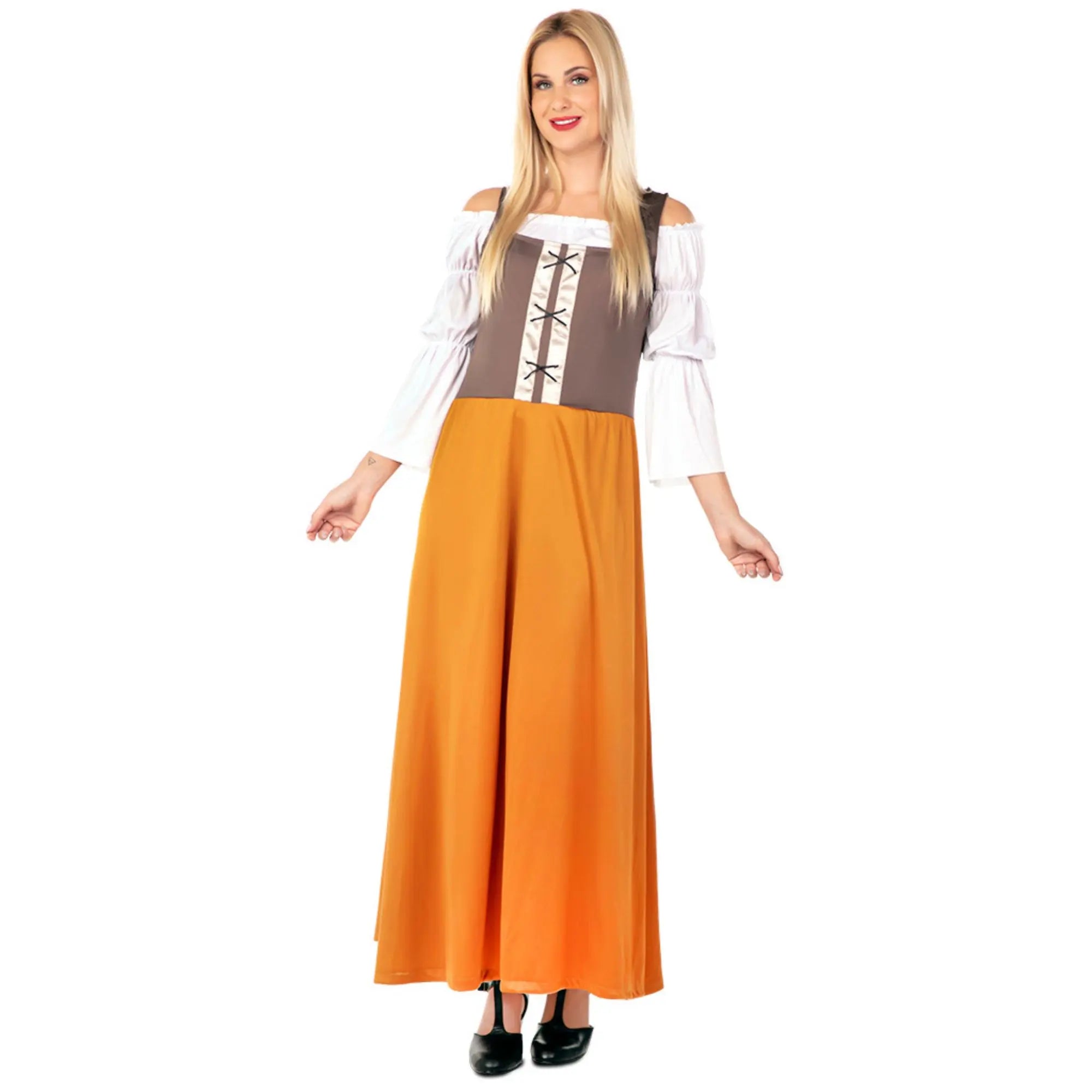 Disfraz de mesonera para mujer con vestido en tonos marrones y anaranjados medievales ideal para Carnaval y ferias temáticas