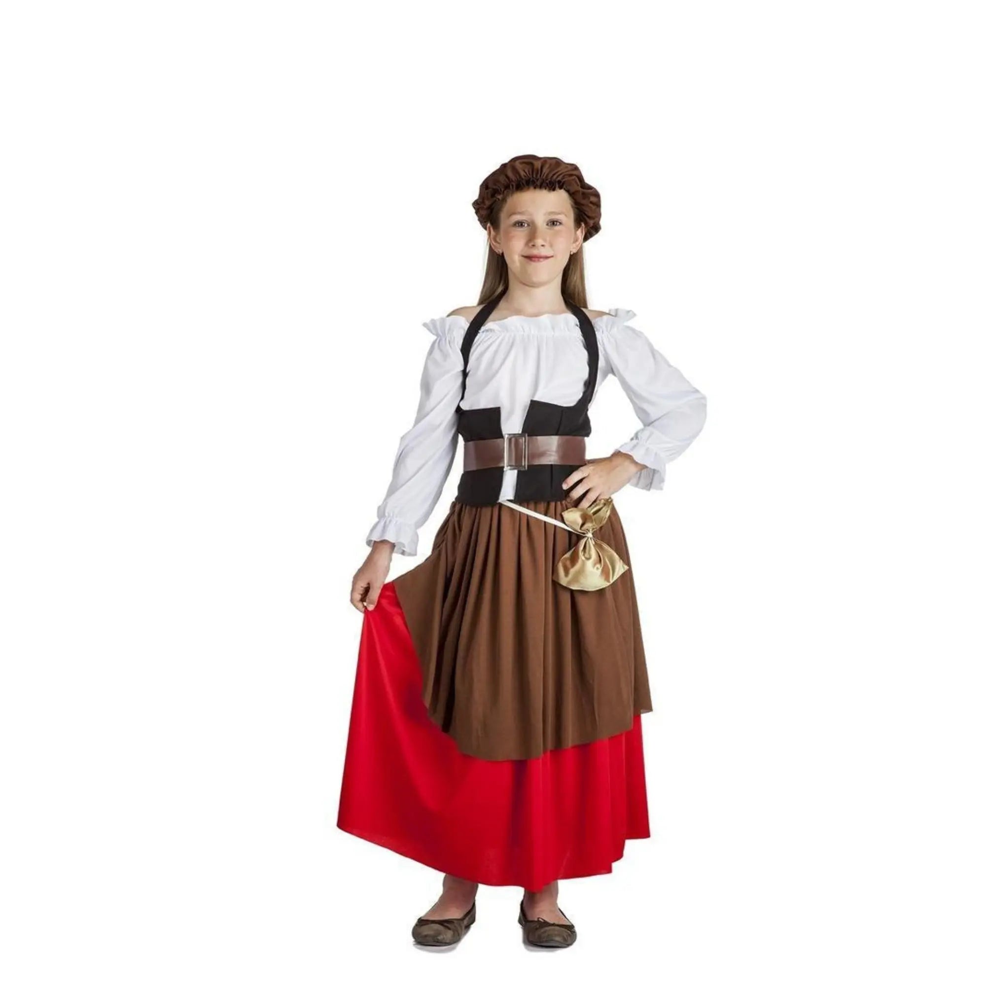Disfraz de mesonera medieval para niña con vestido chaleco cinturón y gorro