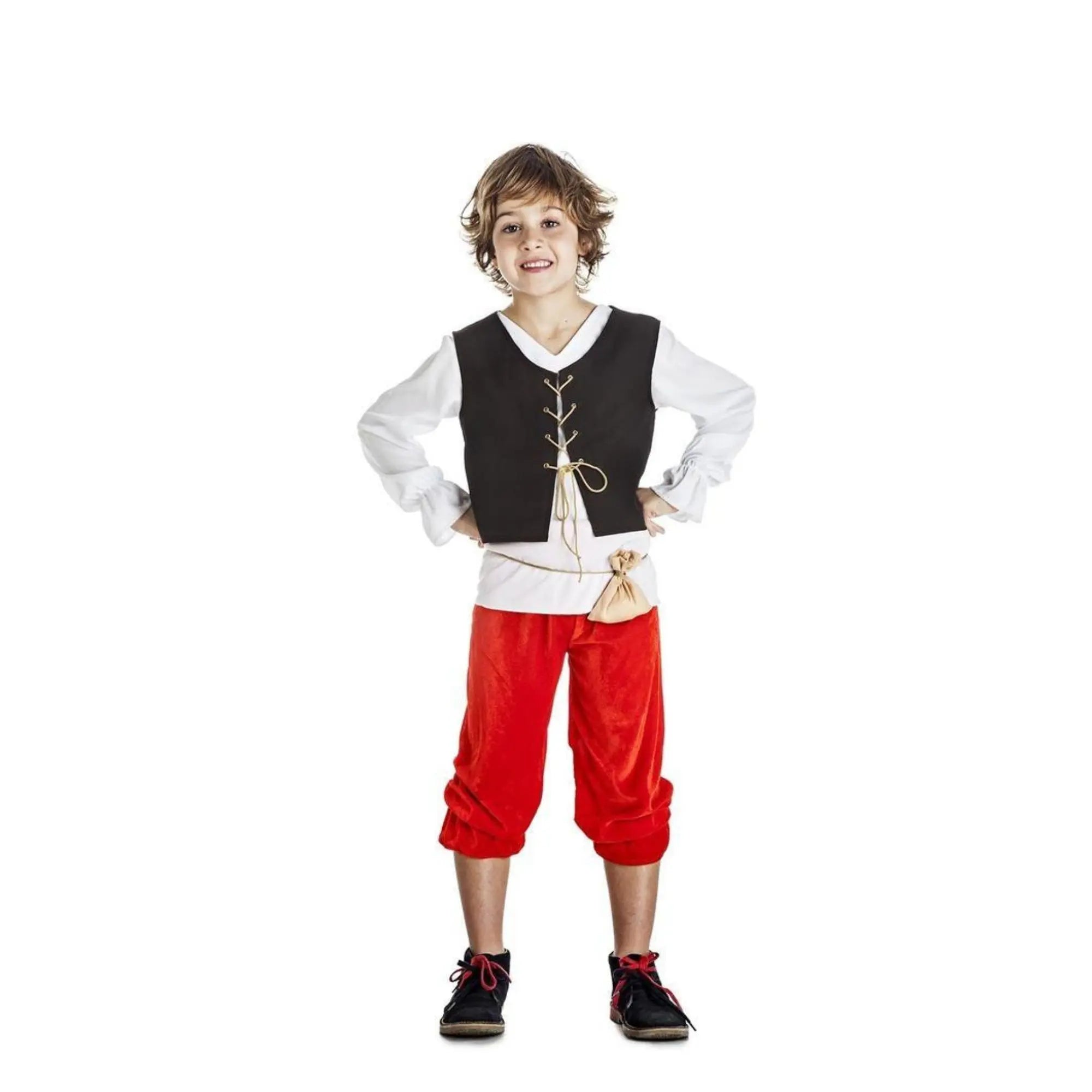 Disfraz de mesonero medieval para niño con camisa chaleco pantalón y cinturón con bolsa