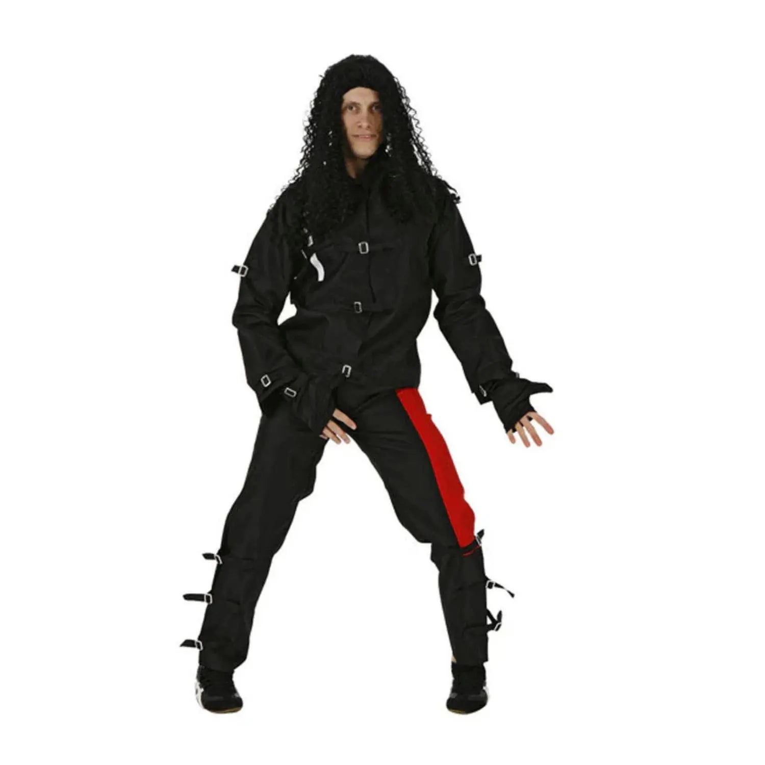 Disfraz de Michael Rockero para adulto inspirado en las grandes estrellas del pop, con chaqueta negra, pantalón con detalle rojo y guantes.