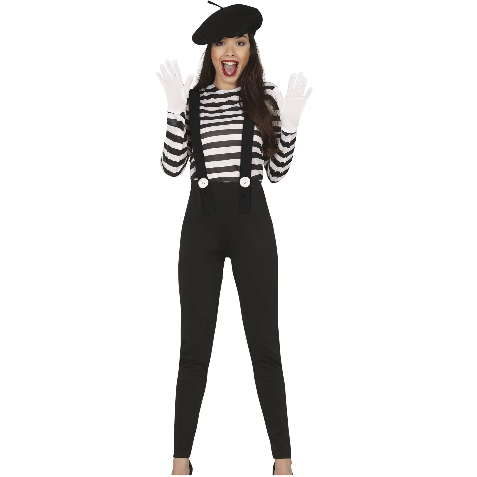 Disfraz de mimo para mujer adulto con gorro, pantalón, tirantes y camisa estilo circo clásico