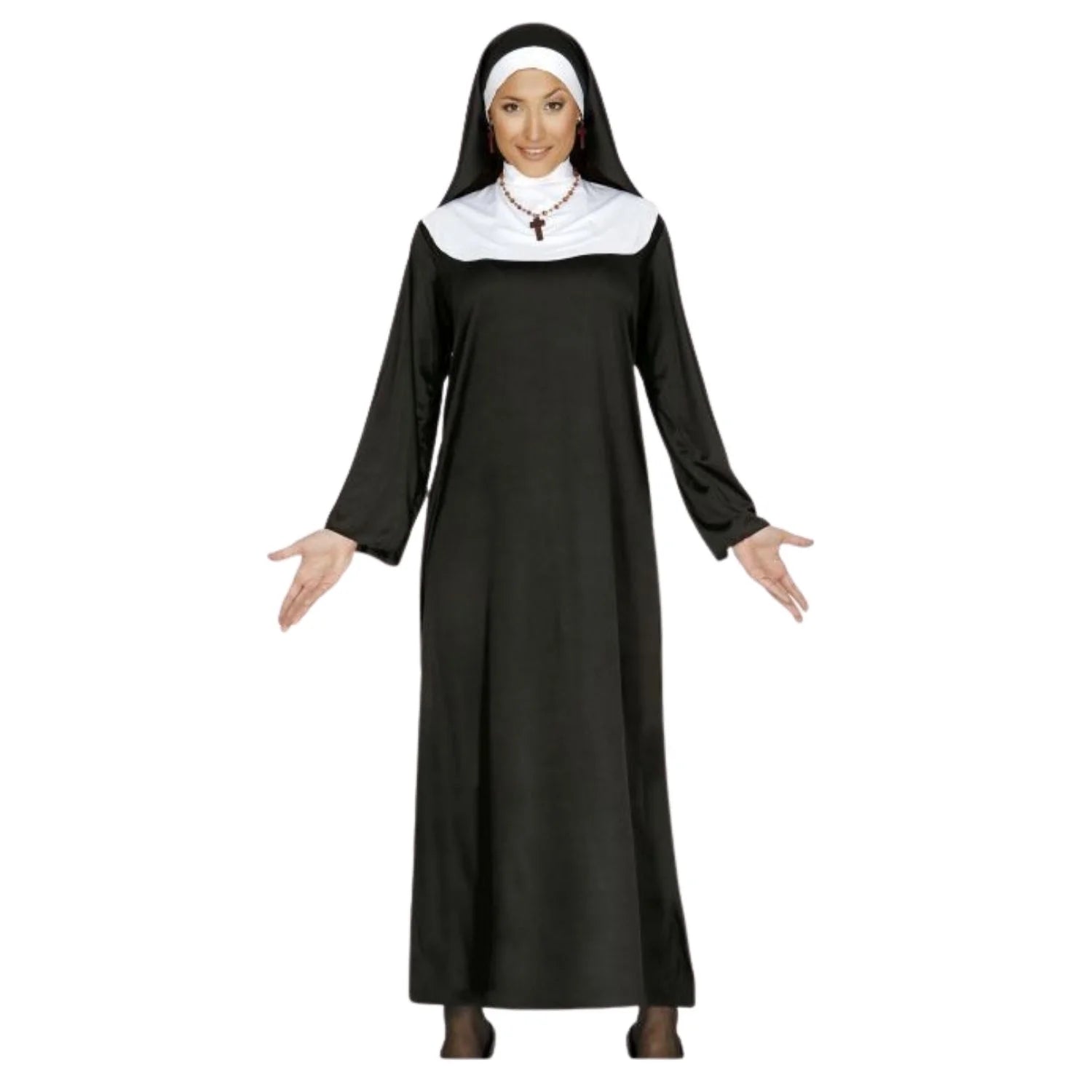 Disfraz de monja adulto con vestido negro y cofia