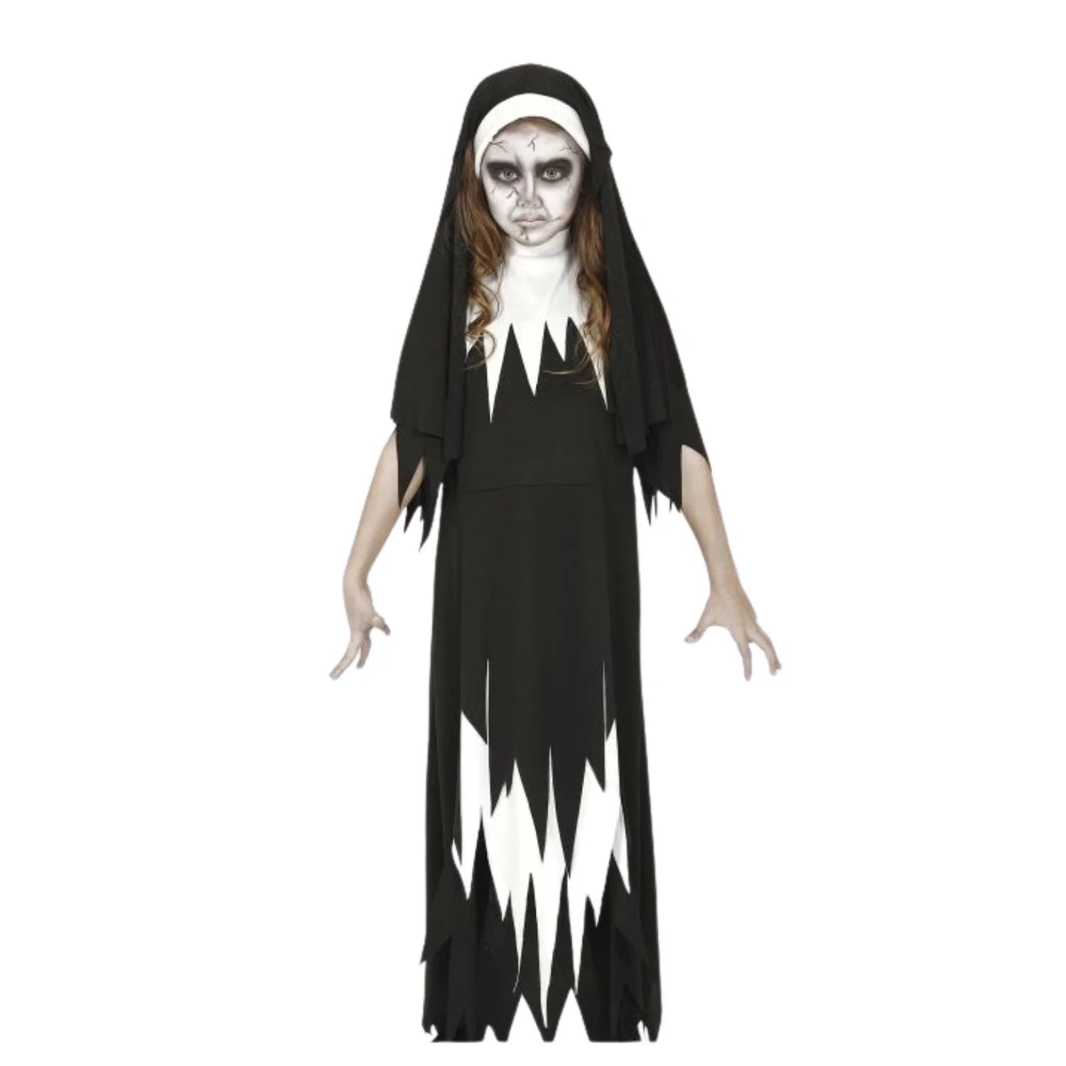 Disfraz monja asesina infantil con vestido negro y cofia para Halloween