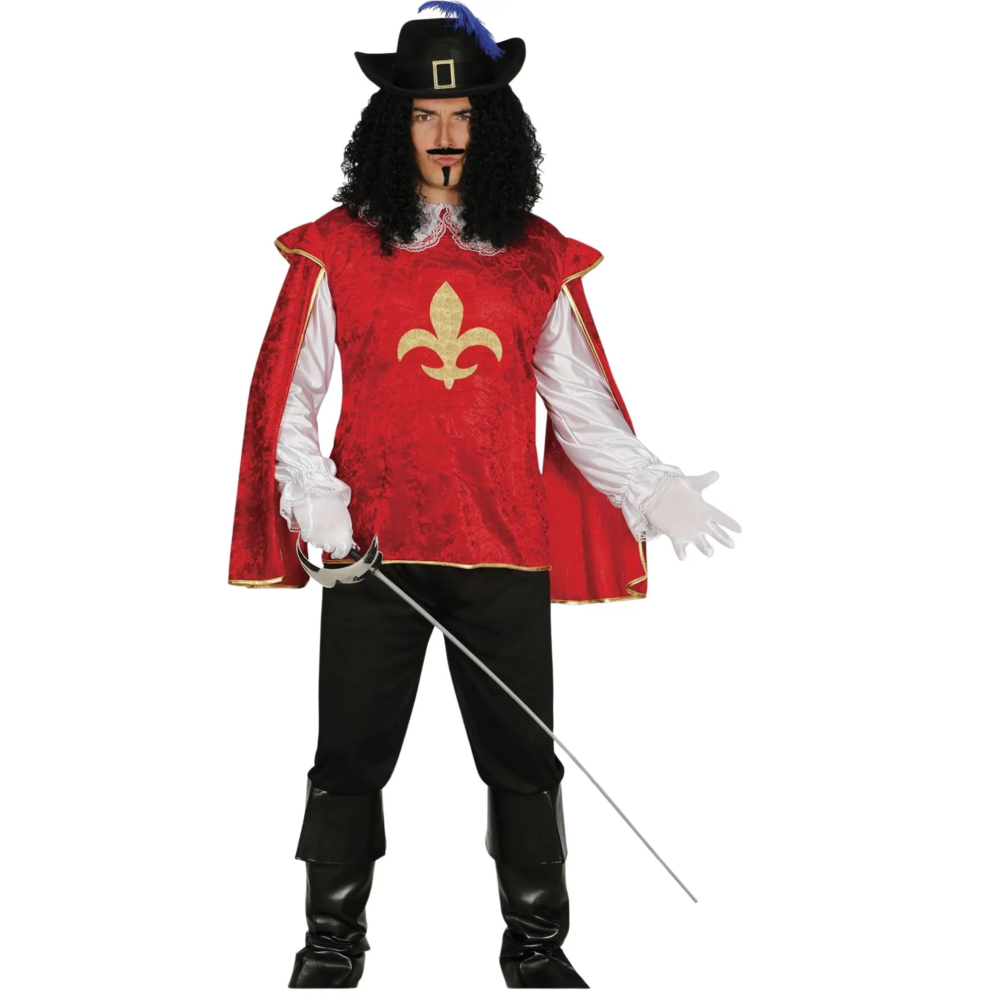 Disfraz de mosquetero rojo para adulto con casaca, camisa y pantalón para Carnaval y fiestas históricas