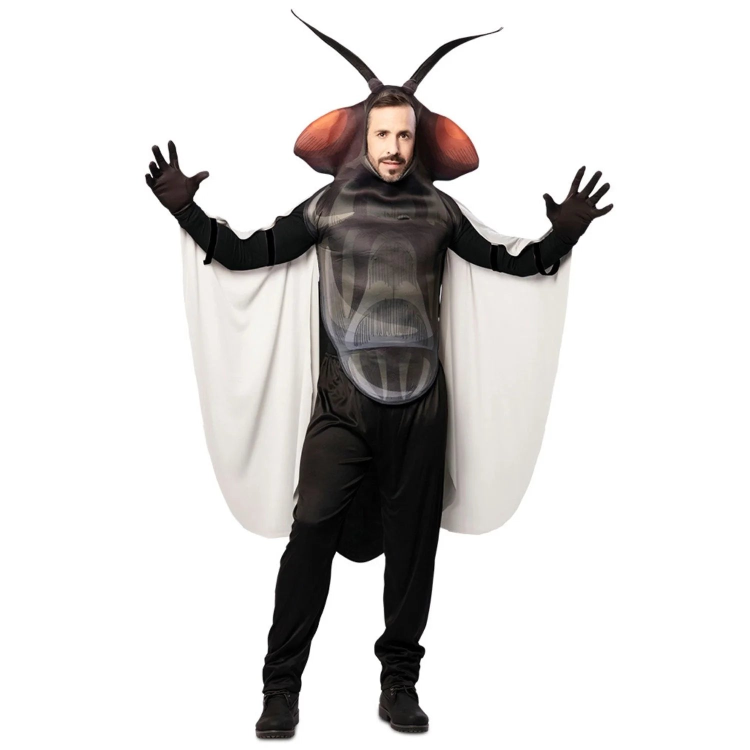 Hombre con disfraz de mosca gigante negra con alas y antenas para Carnaval