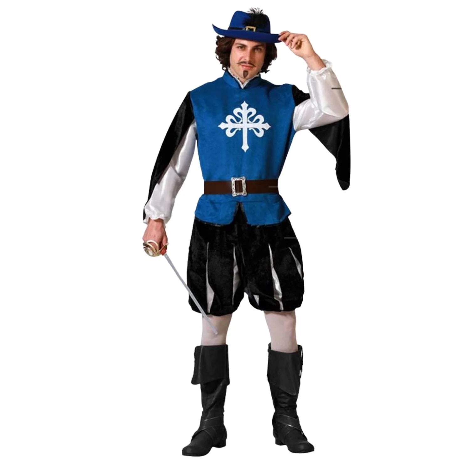Disfraz mosquetero medieval azul hombre con peto y cinturón