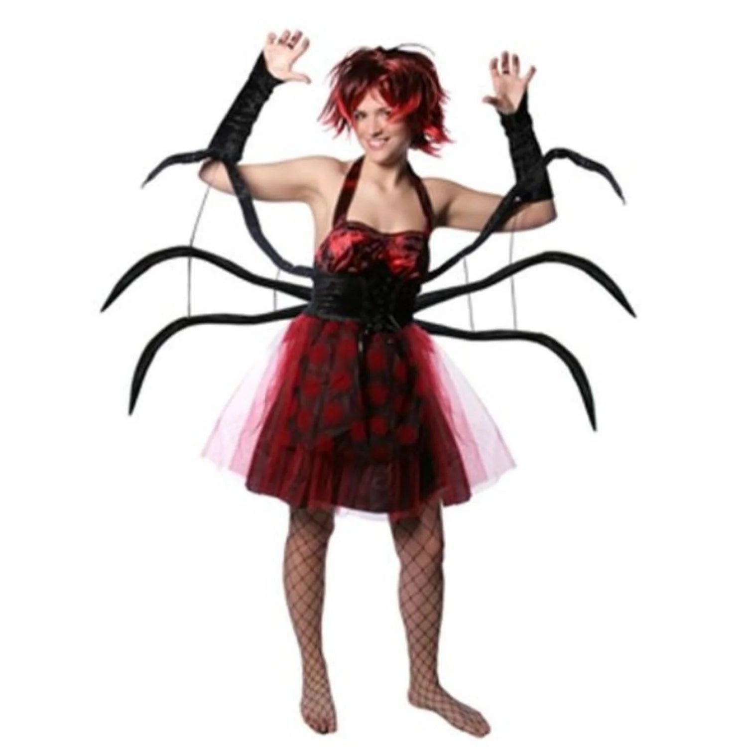 Disfraz mujer araña rojo y negro con vestido, sobrefalda de tul y manguitos