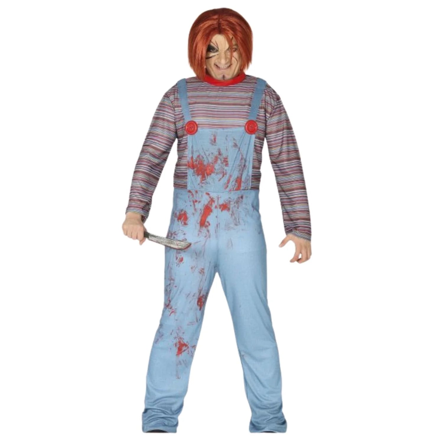 Disfraz muñeco asesino adulto con mono estampado para Halloween