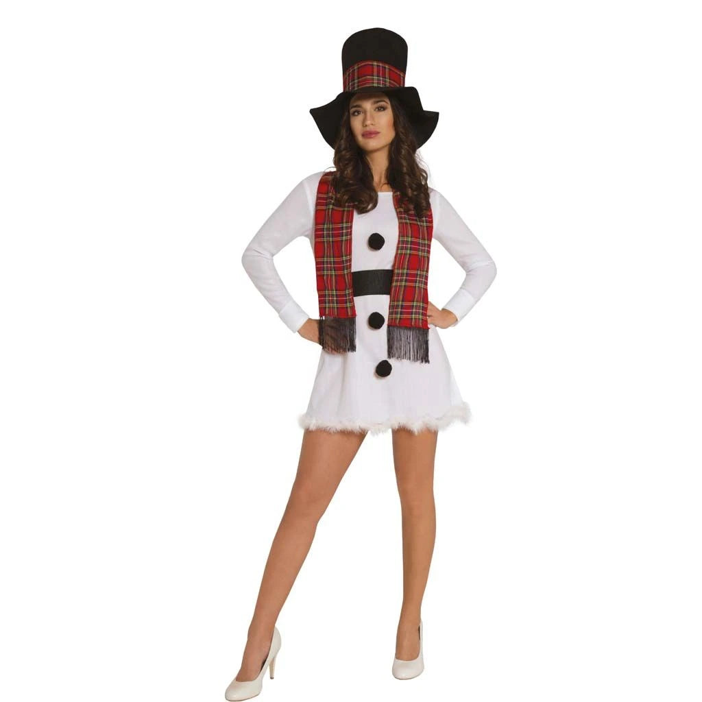 Disfraz de muñeco de nieve para mujer con vestido blanco, bufanda y sombrero para Navidad