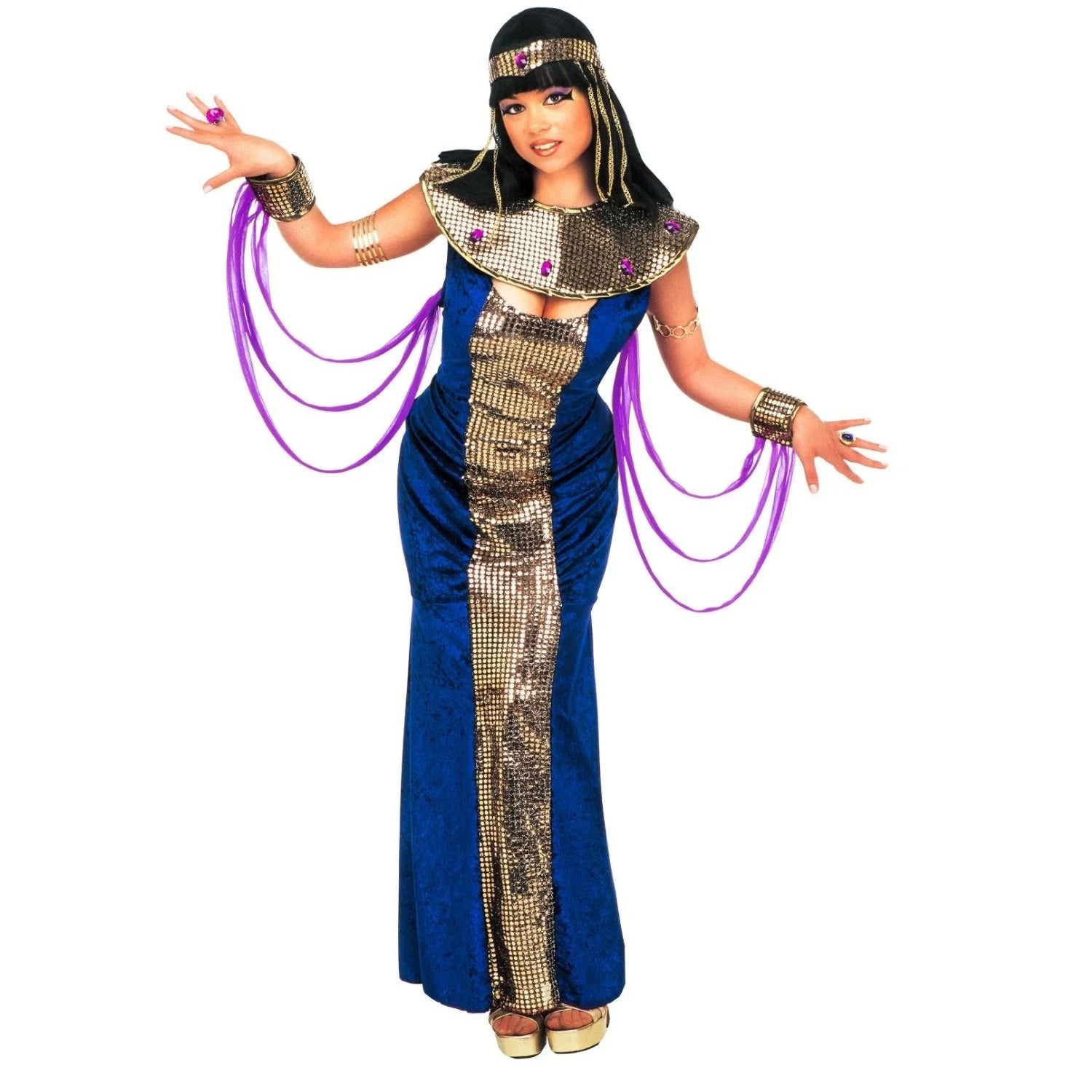 Disfraz Nefertiti Egipcia para mujer con vestido azul y accesorios dorados